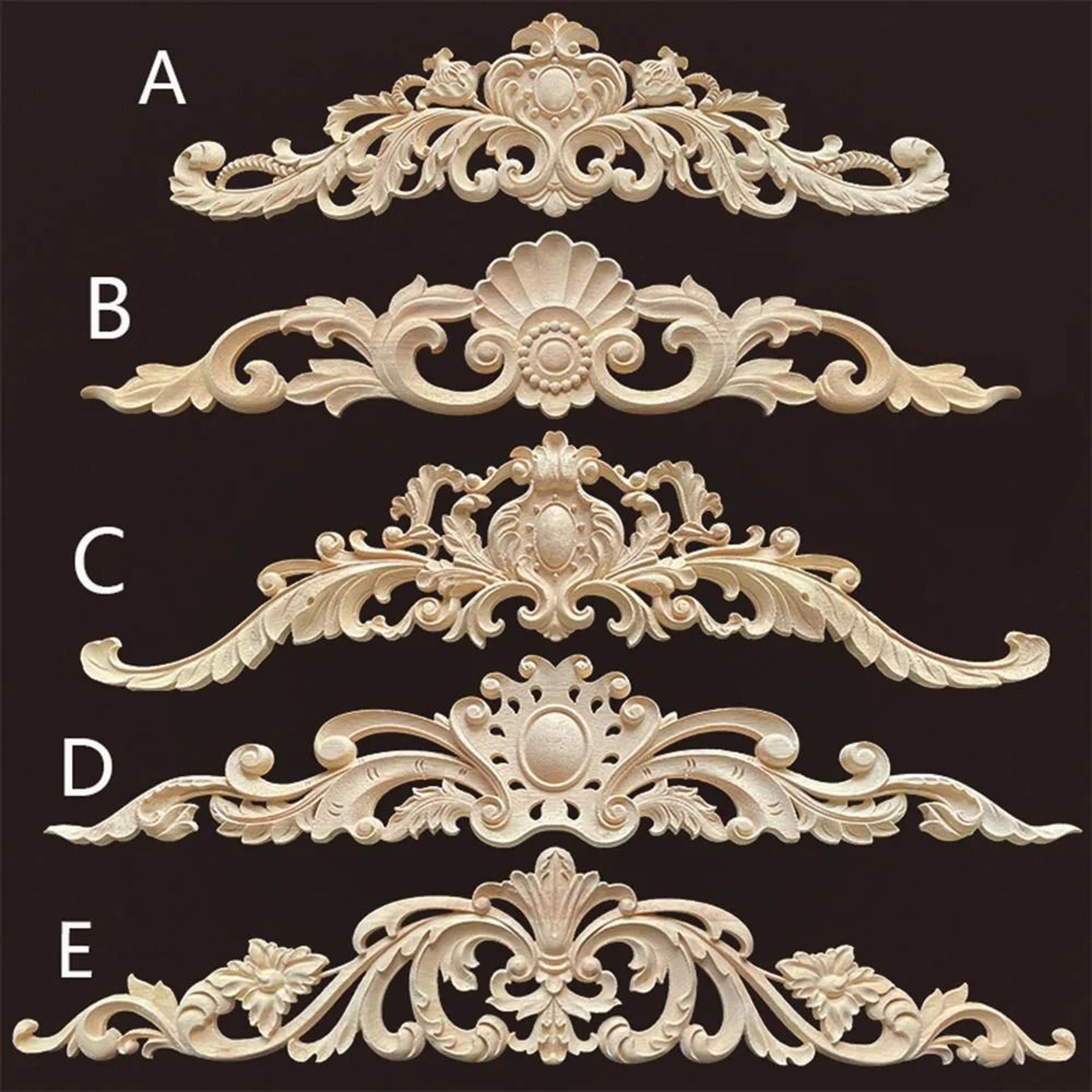 natural wood appliques & decorative onlays – handcrafted long flower woodcarving for furniture, walls, and door restorat