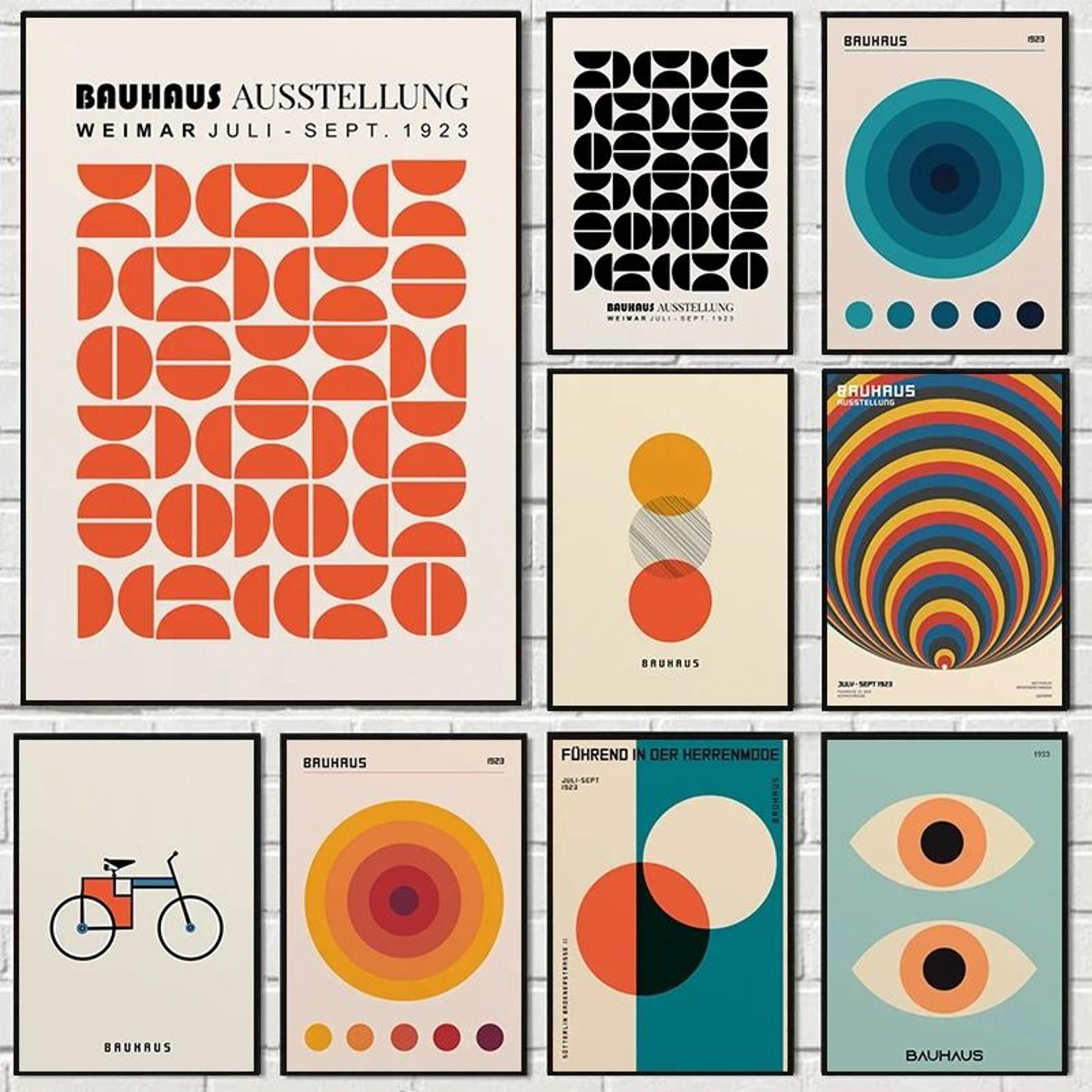 abstract orange bauhaus geometric poster – pop art sunrise & bicycle wall art prints for modern living room & dorm decor