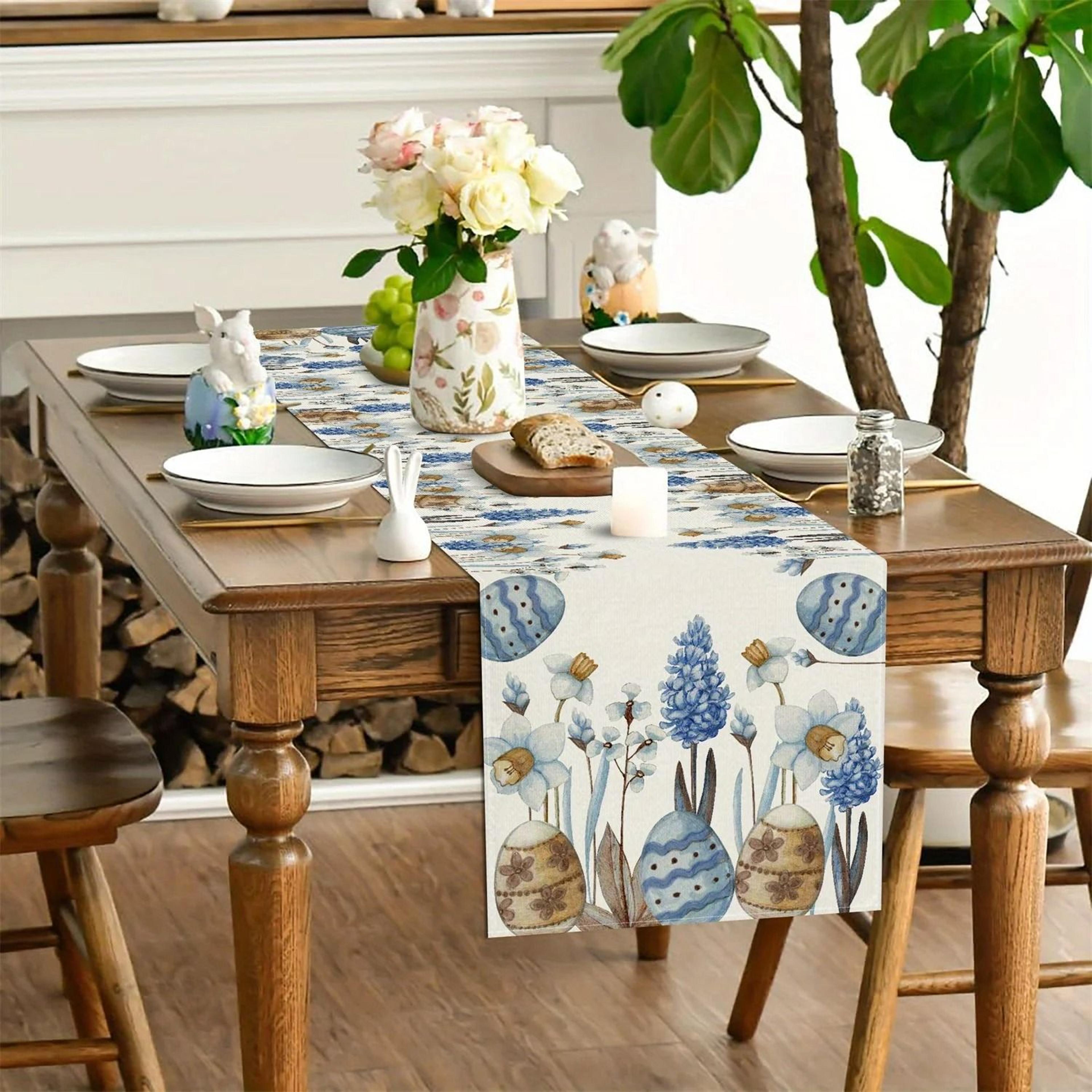 easter blue eggs & spring flowers linen table runner – botanical floral decor for holiday tables & dressers