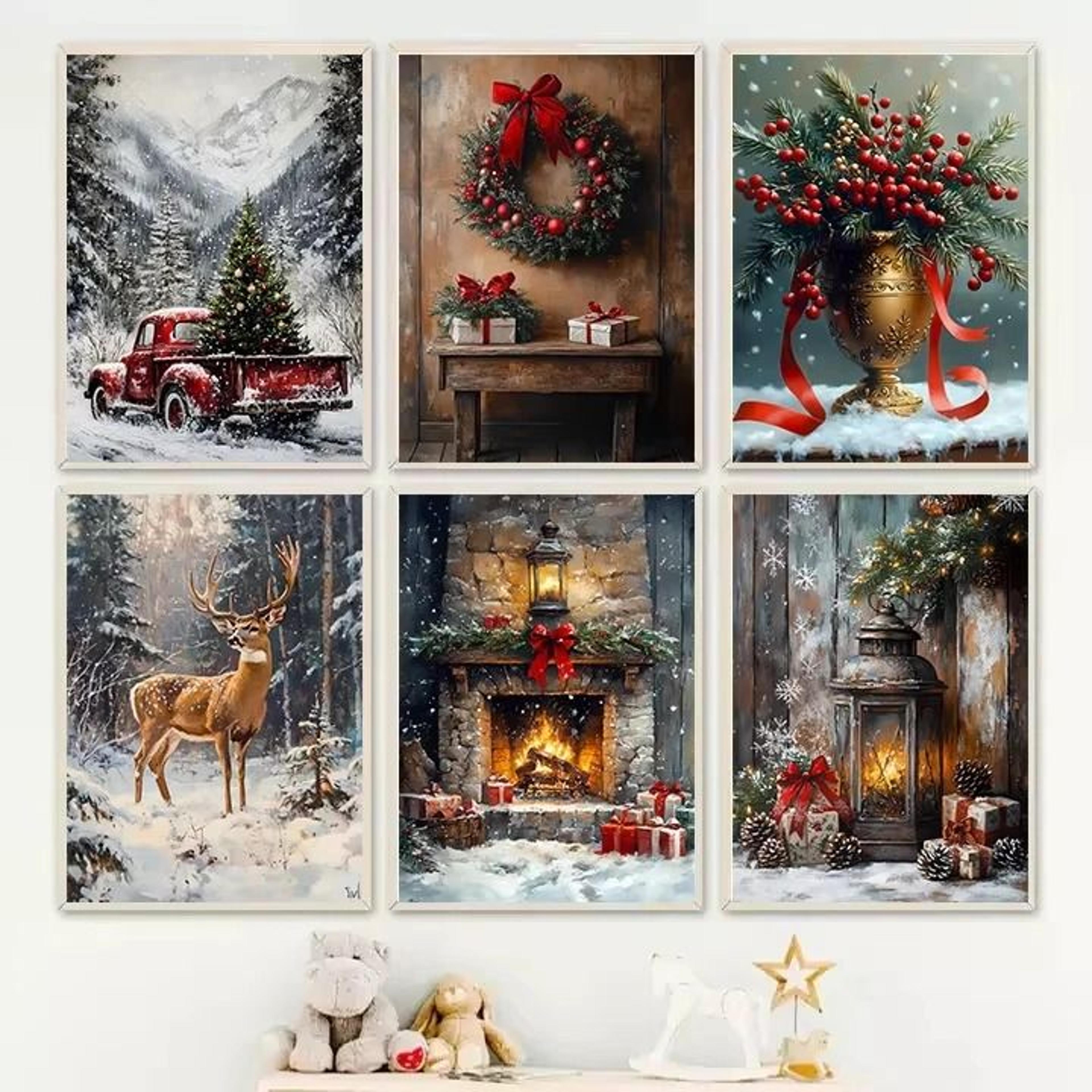 vintage red truck & nordic winter snow canvas art – rustic christmas reindeer & fireplace scene wall decor