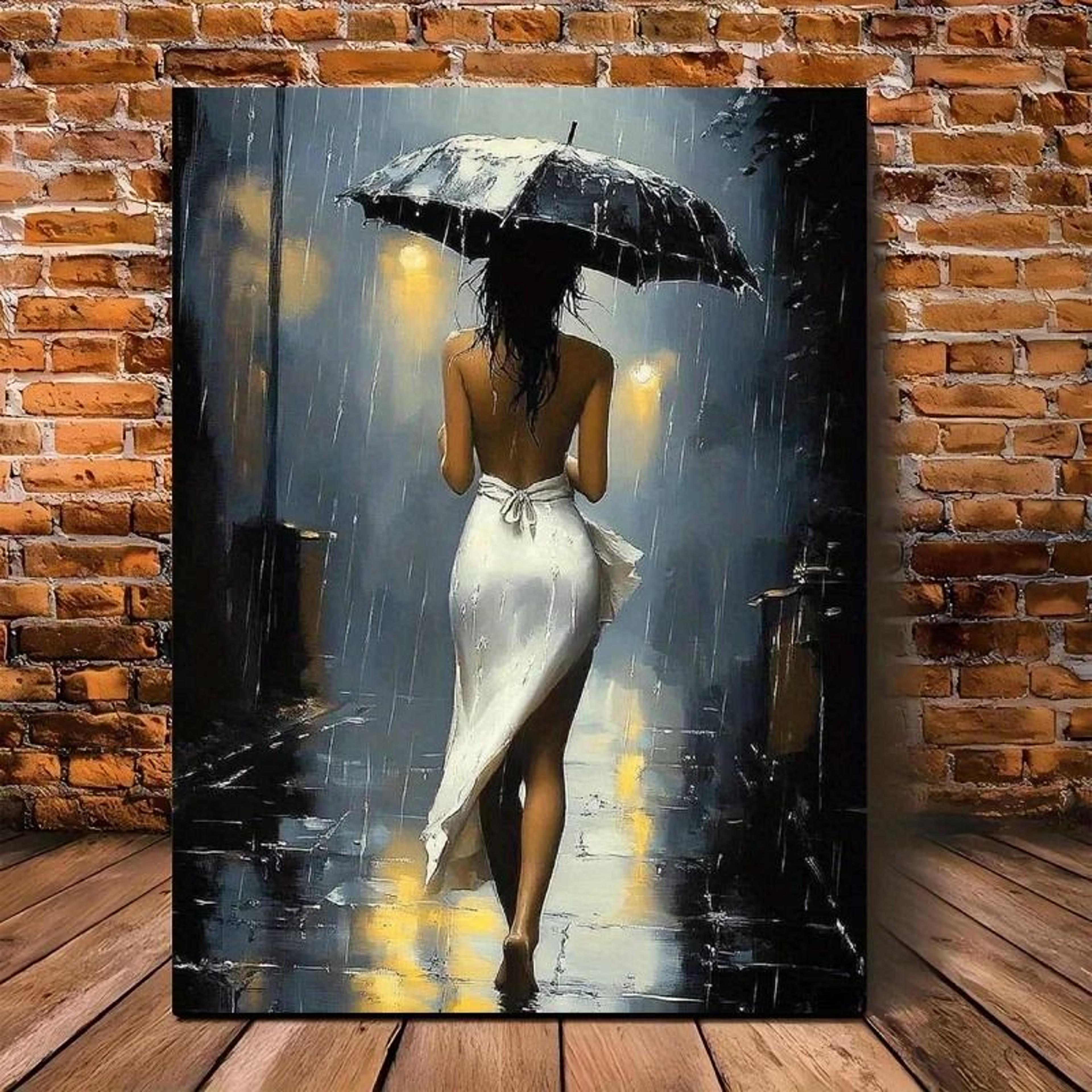 romantic rainy night canvas art – framed umbrella street scene for living room & bedroom dec