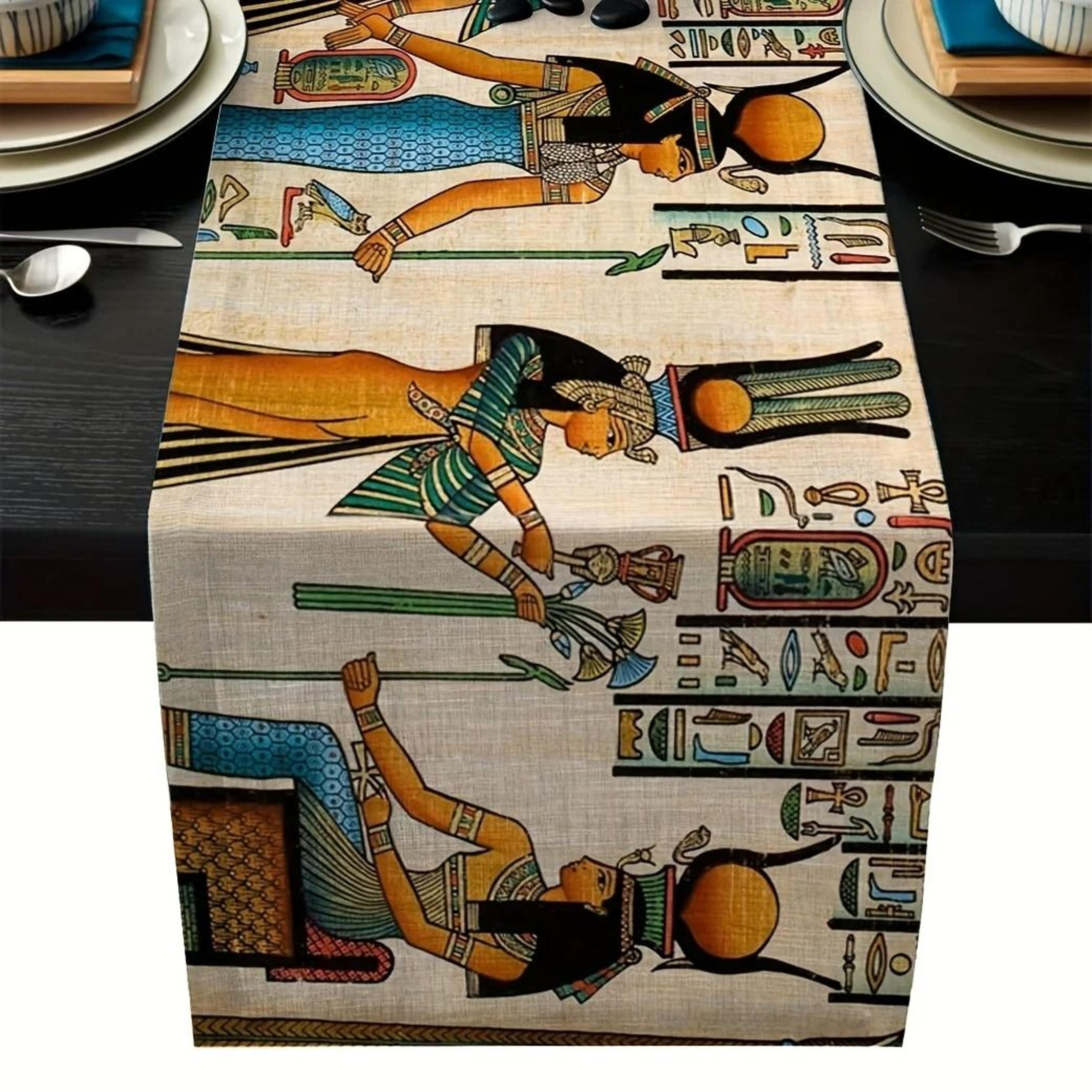 ancient egyptian mural linen table runner – ethnic hieroglyphic holiday decorations & reusable farmhouse kitchen dining