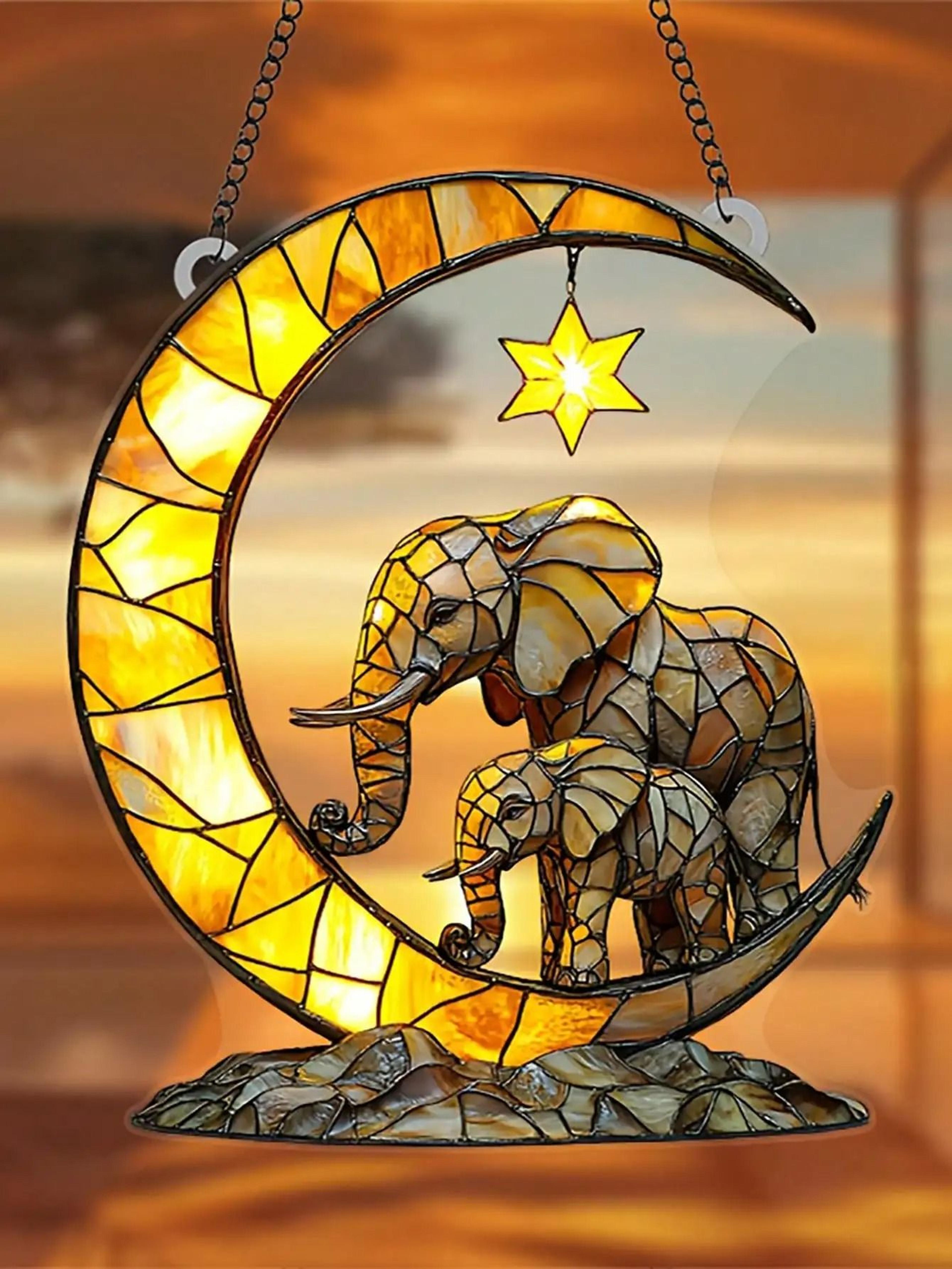 elephant family & moon suncatcher pendant – celestial window decoration for bedrooms, gardens, & modern home sanctuary