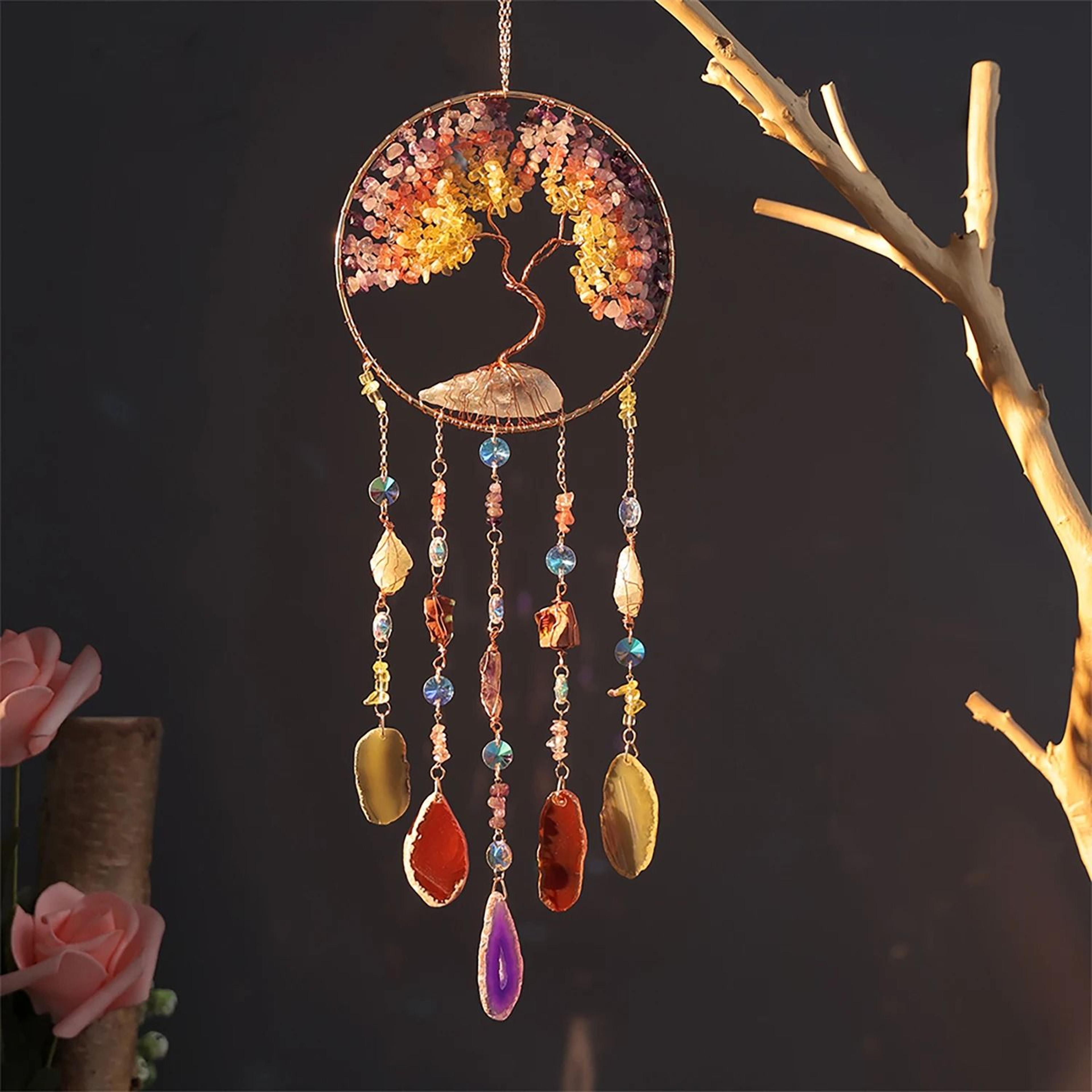 natural agate crystal dream catcher – hand-finished moon, star & sun wall hanging for modern zen sanctuaries