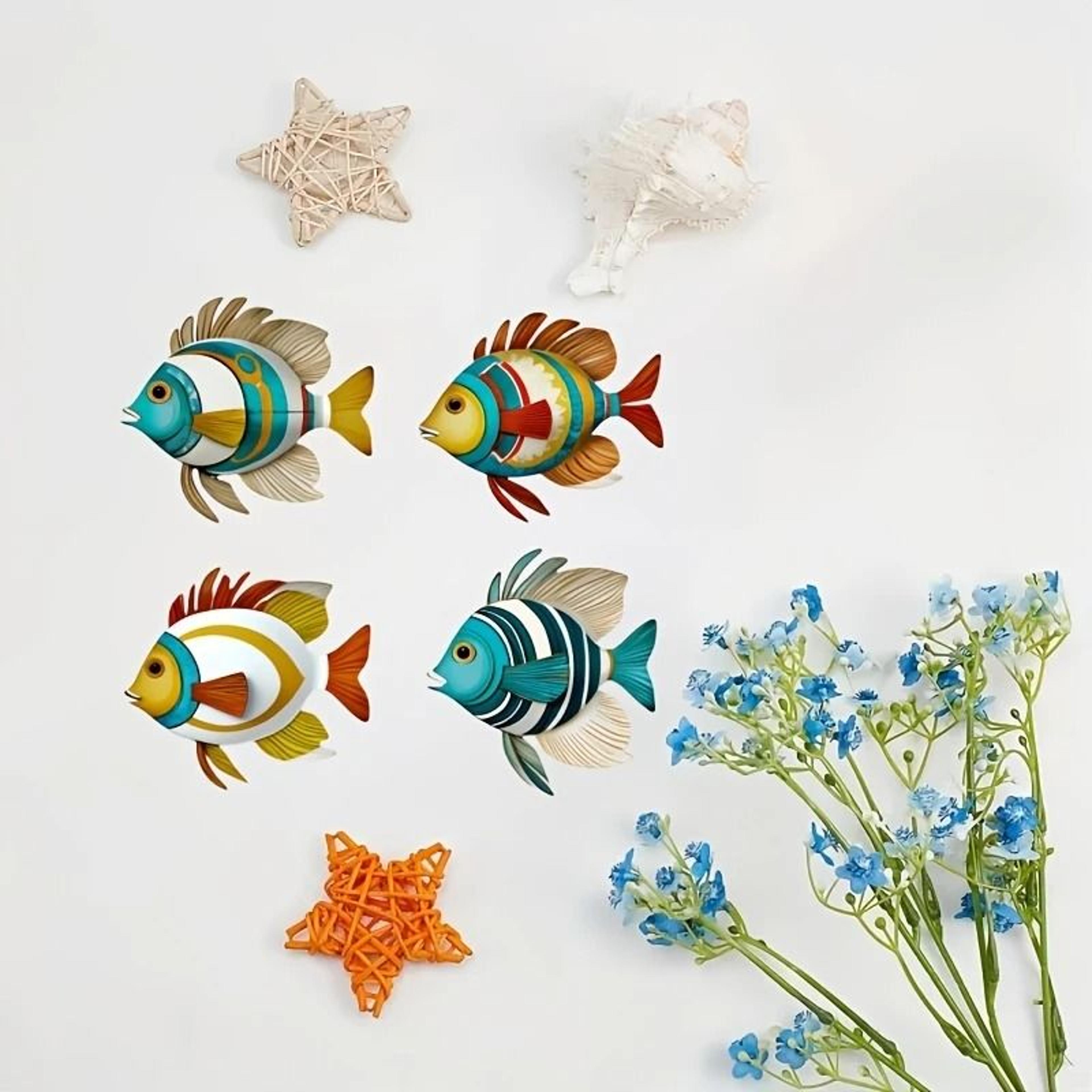 rustic nautical colorful tropical fish wall art (4-piece)