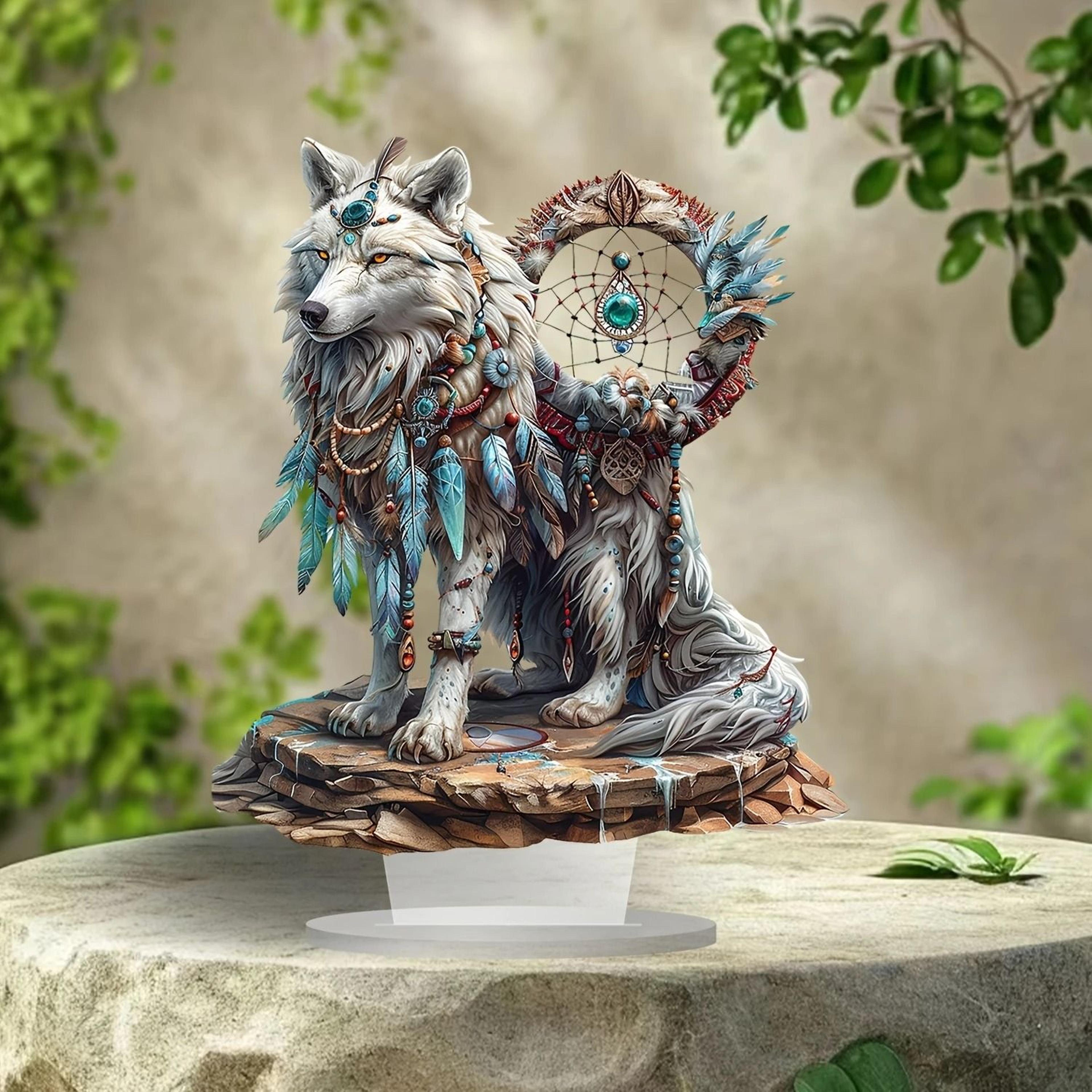 majestic white wolf dream catcher acrylic desk decor