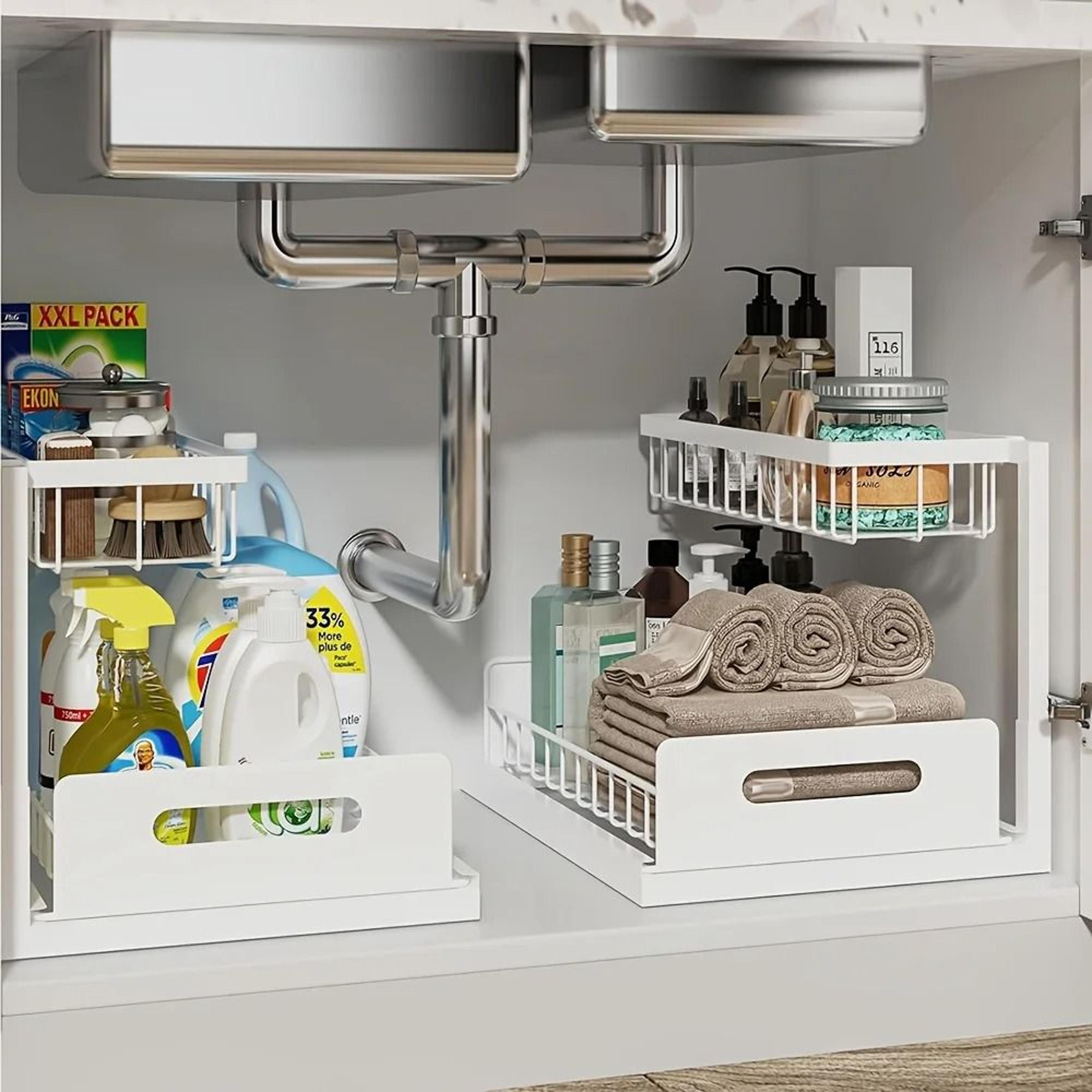 2-tier sliding under-sink organizer – rustproof metal cabinet storage – pull-out drawer for cleaning supplies