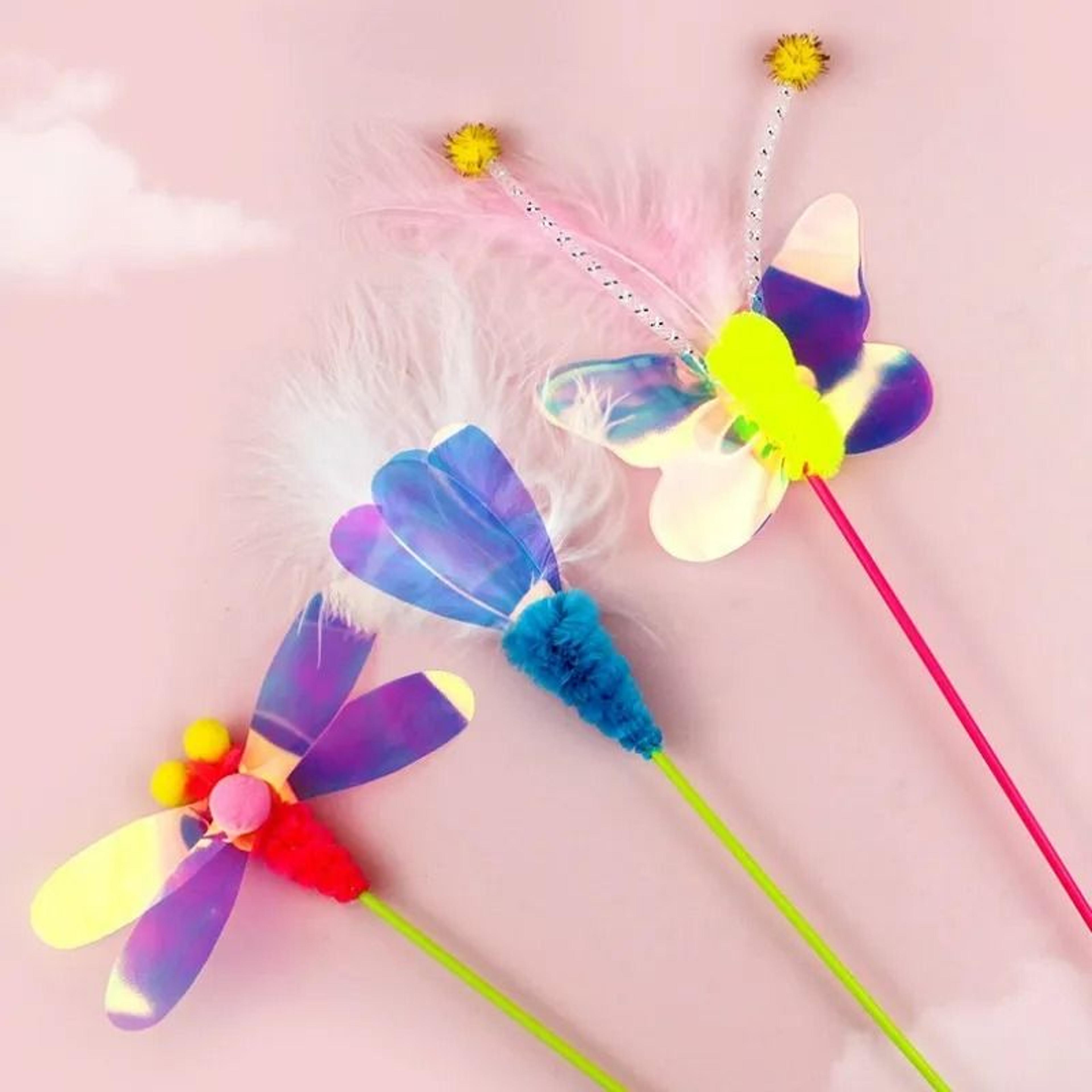 interactive insect & feather cat teaser wand with soft wool ball accent