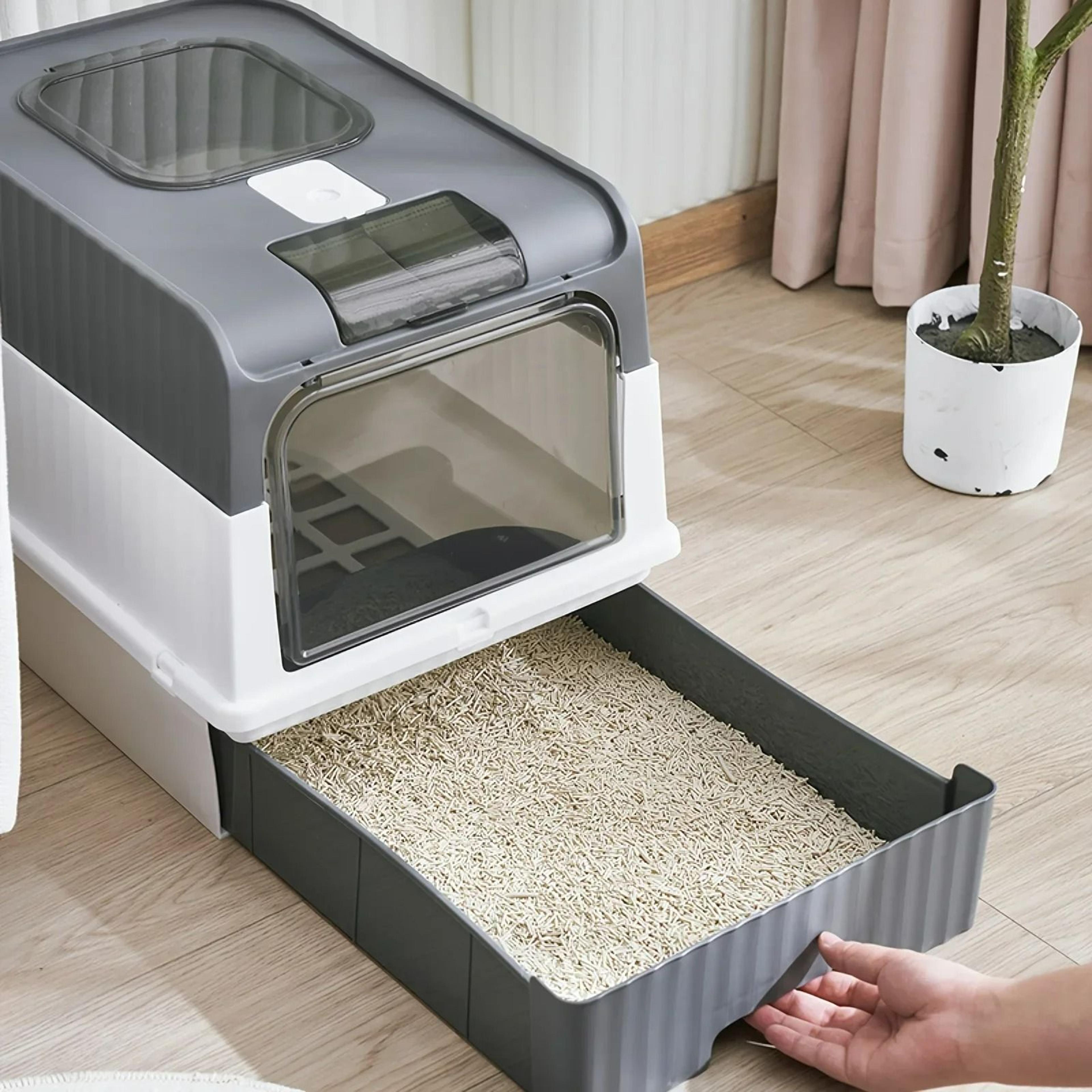 portable collapsible cat litter box with splash guard & scoop