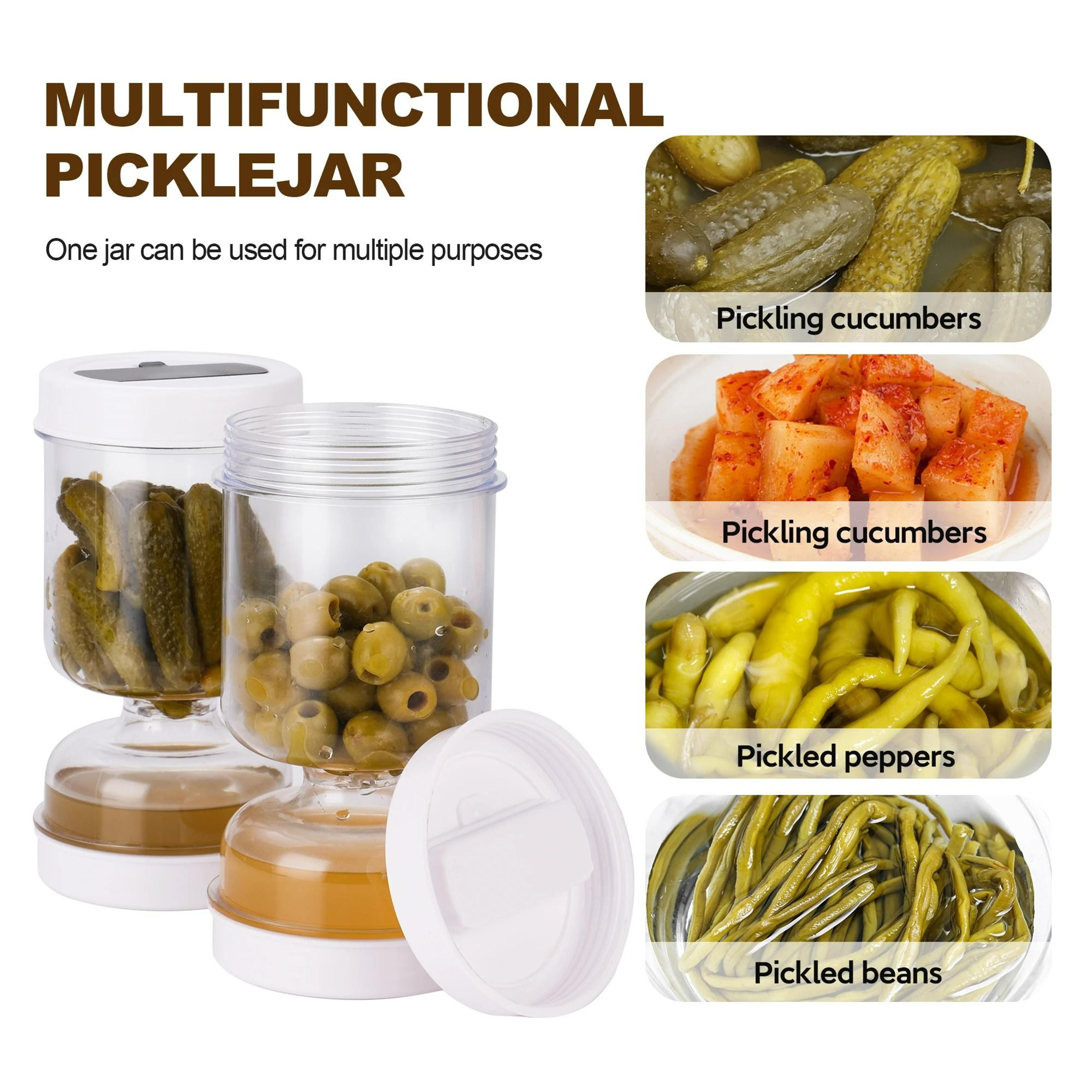 airtight hourglass pickle and olive jar with built-in separator strainer