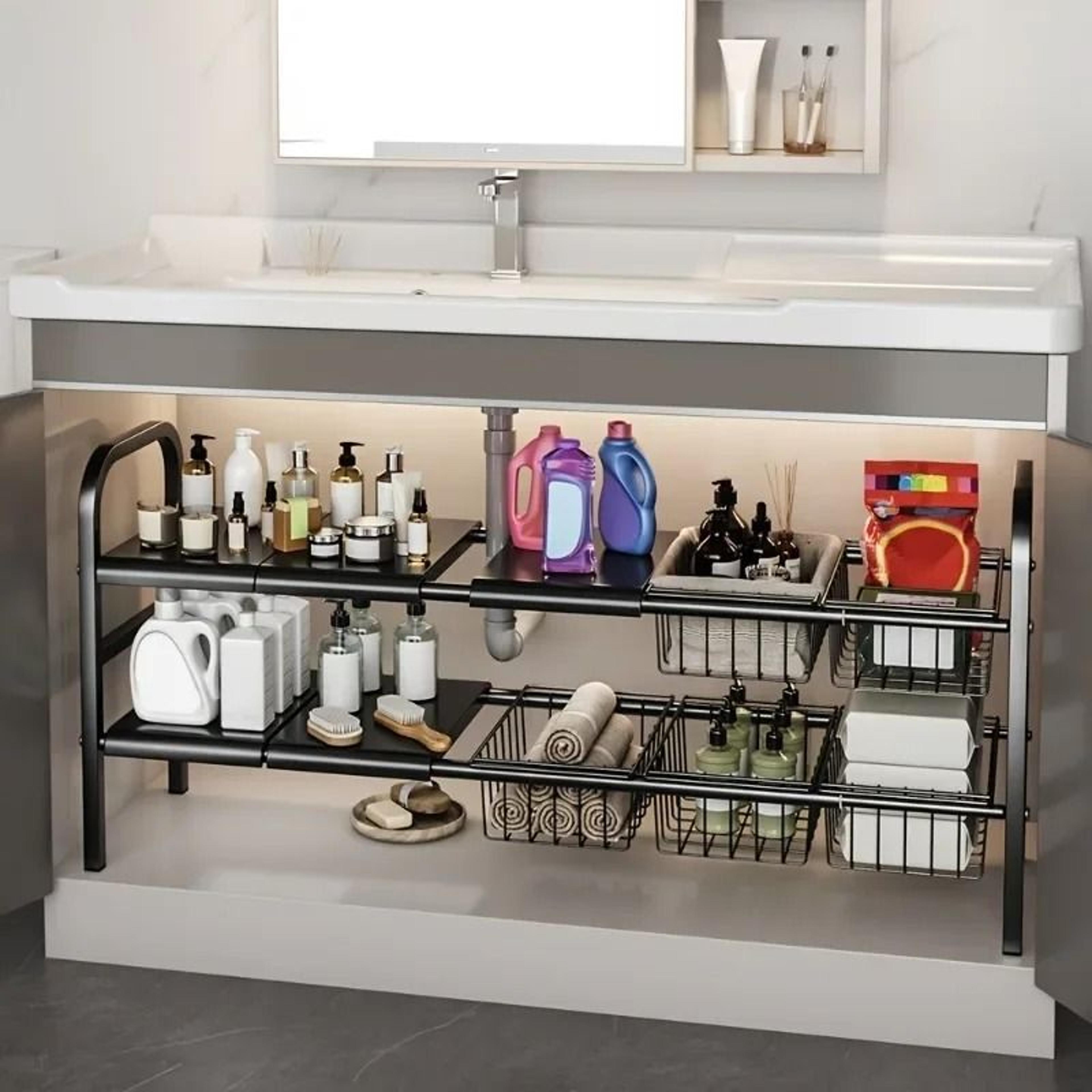 multi-use kitchen and under-bathroom-sink 2-tier storage rack