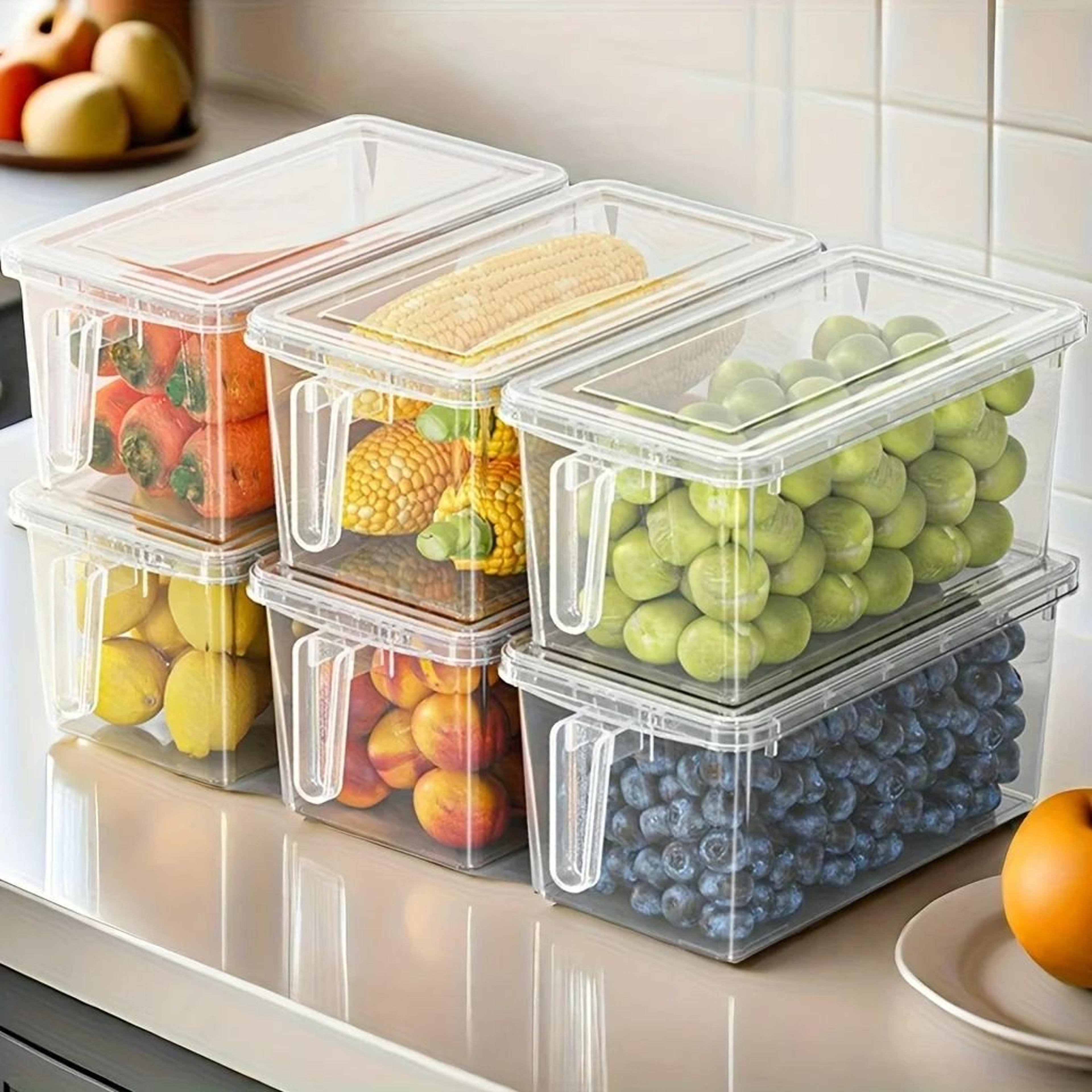 clear fridge storage container with built-in handle and airtight preservation lid