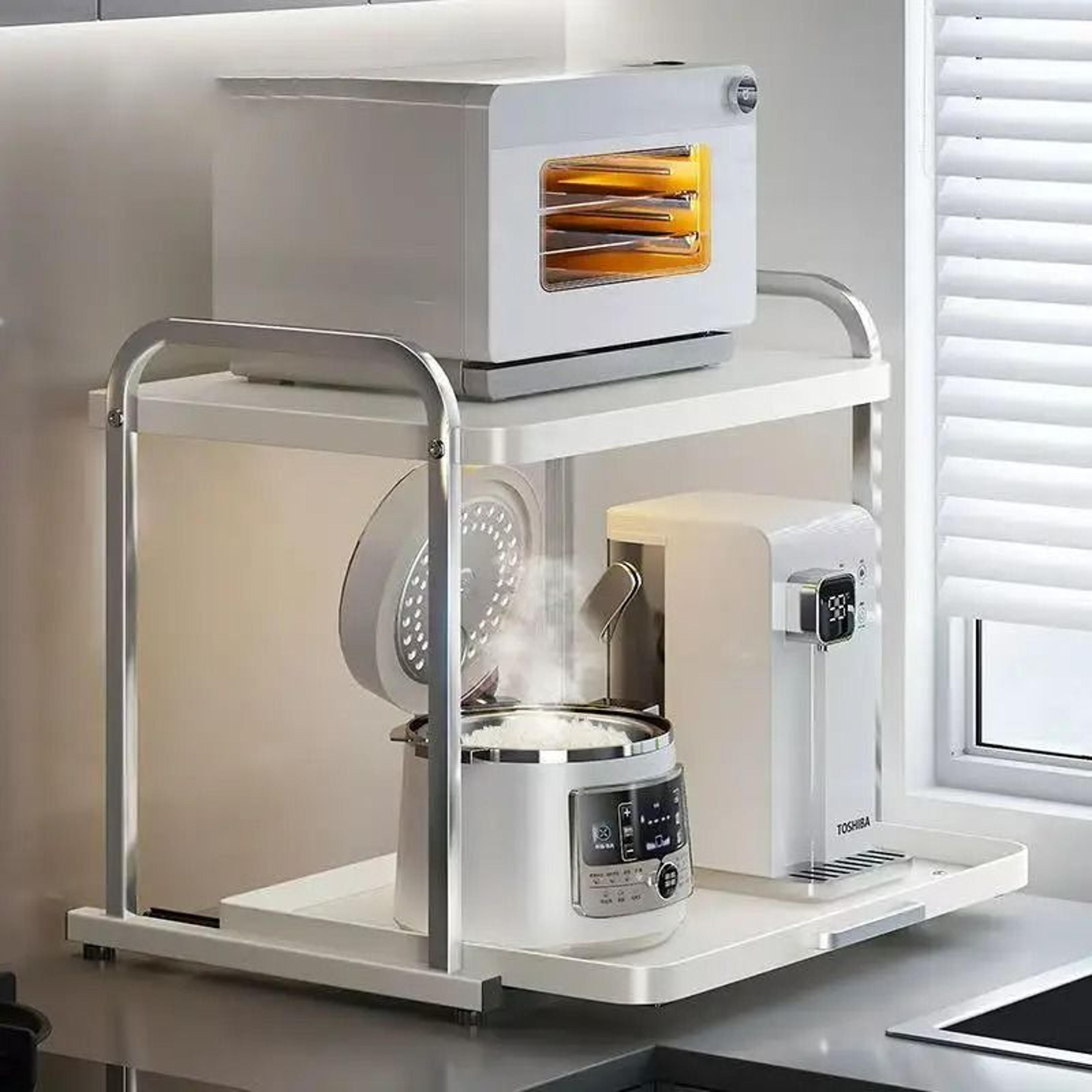 2-tier pull-out microwave oven rack - slide-out kitchen countertop storage organizer for rice cookers & small appliances