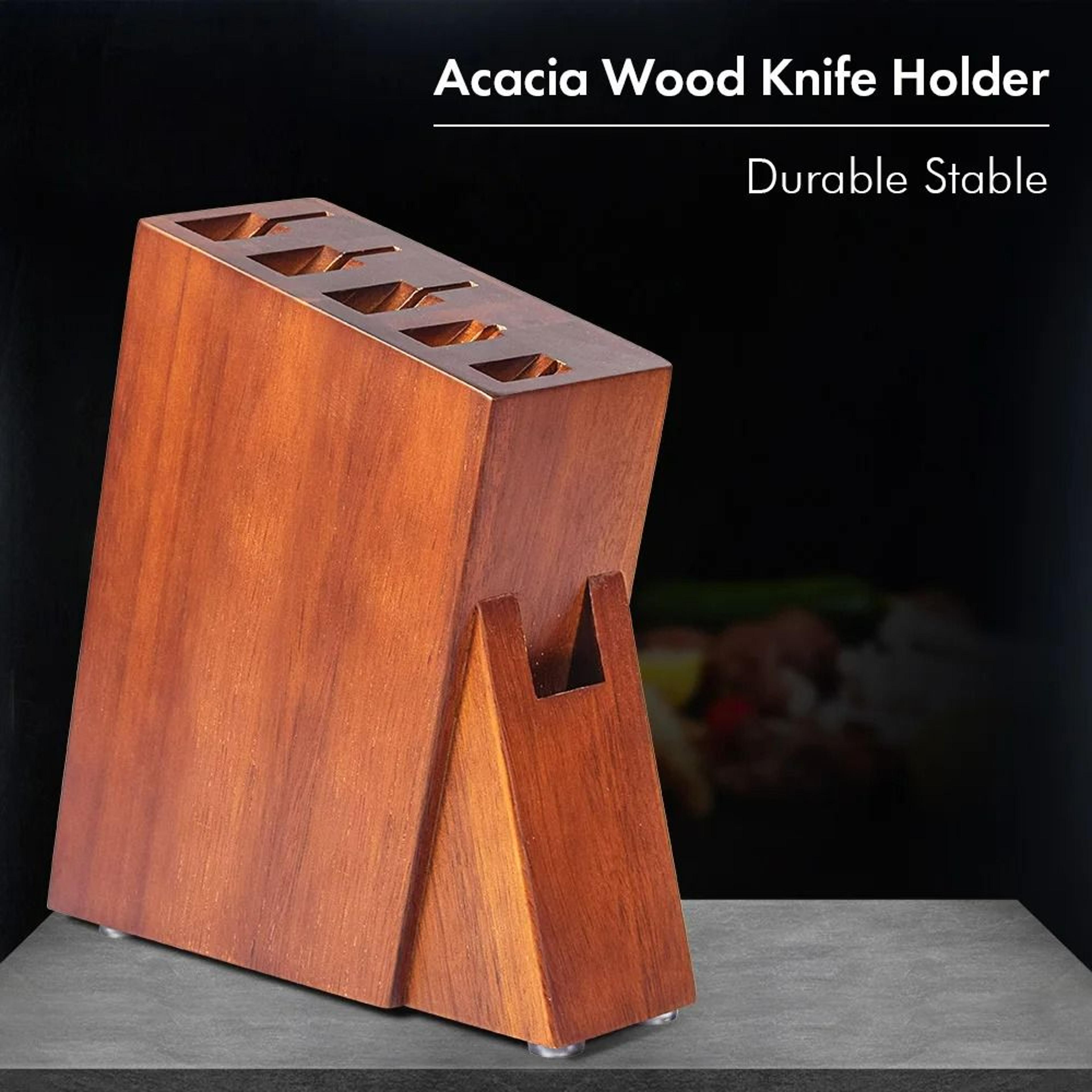 premium acacia wood knife block - heavy-duty 5-slot desktop cutlery holder & utensil organizer