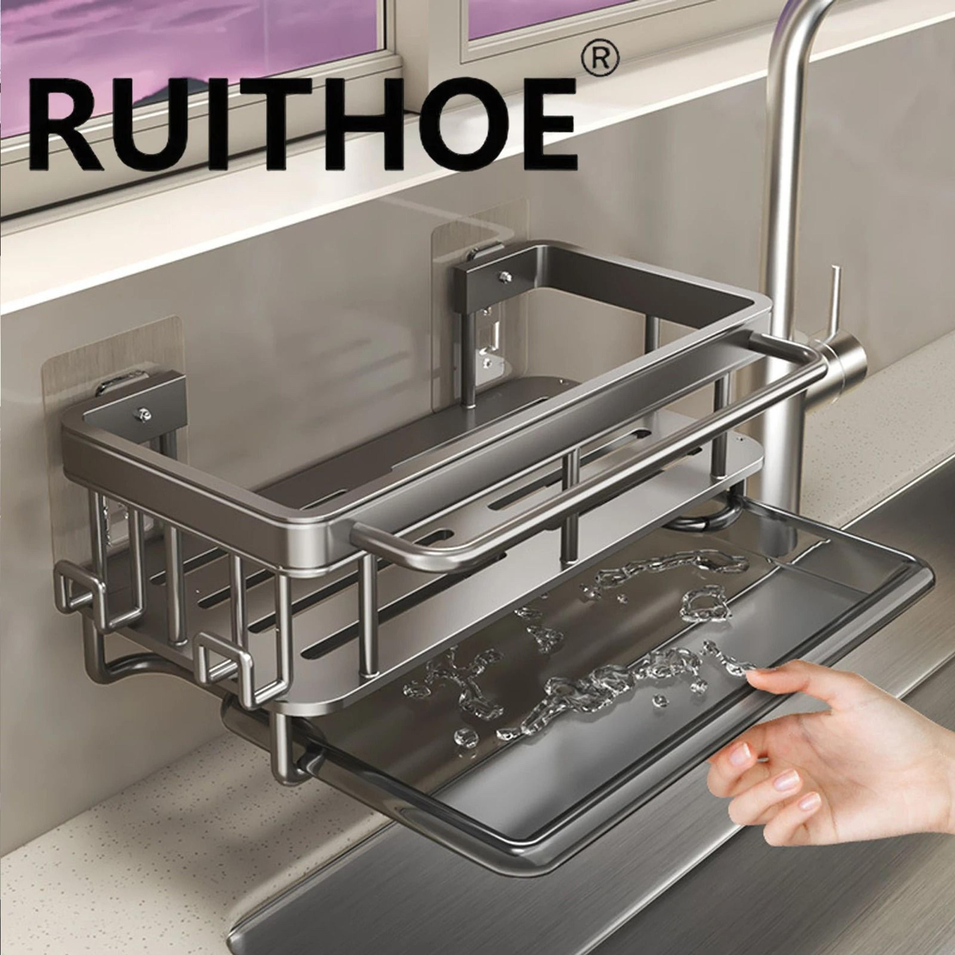 aluminum kitchen sink drain rack with removable drip tray - multi-functional soap, sponge, and dishcloth towel holder