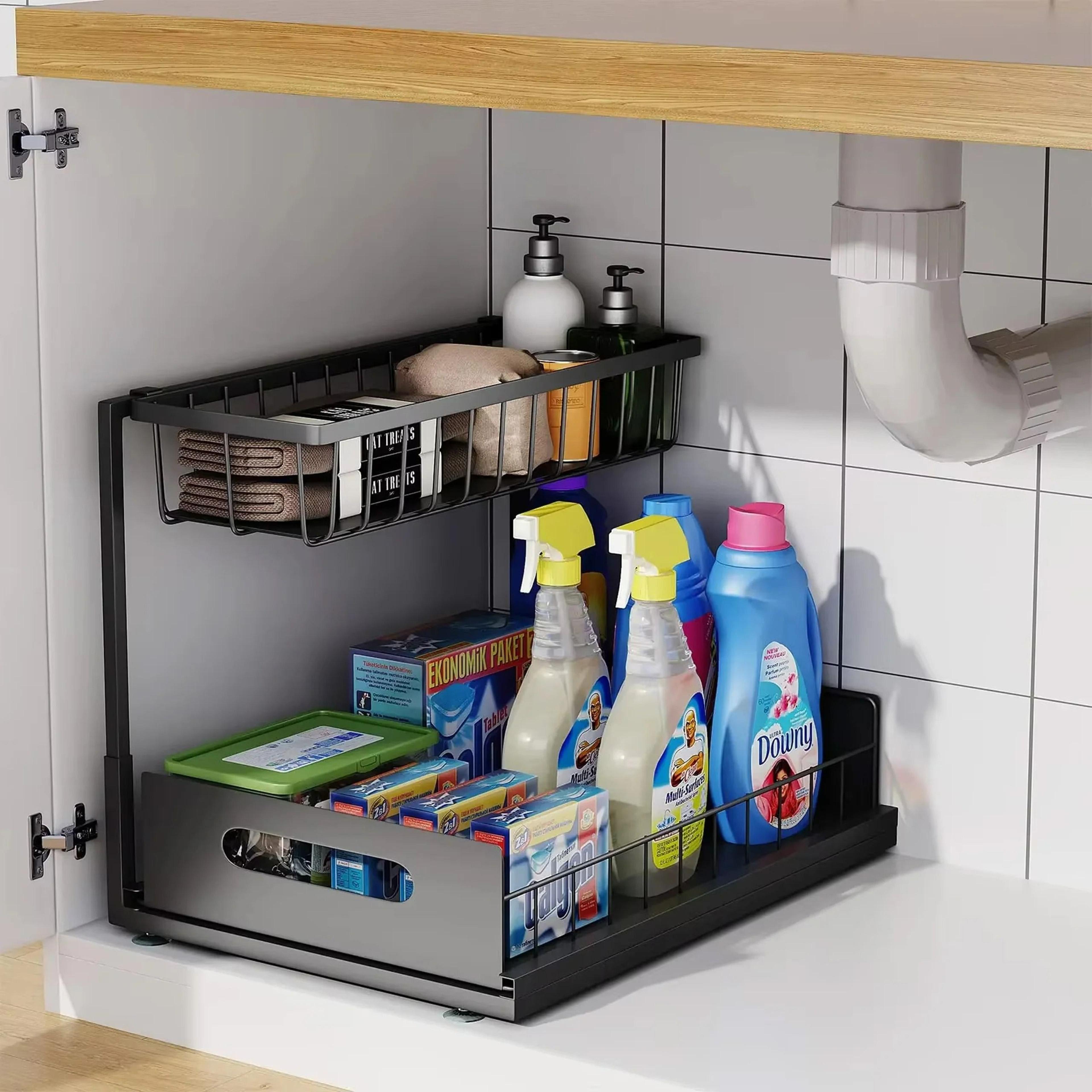 under-sink 2-tier sliding cabinet basket organizer - double drawer pull-out storage rack for kitchen & bathroom