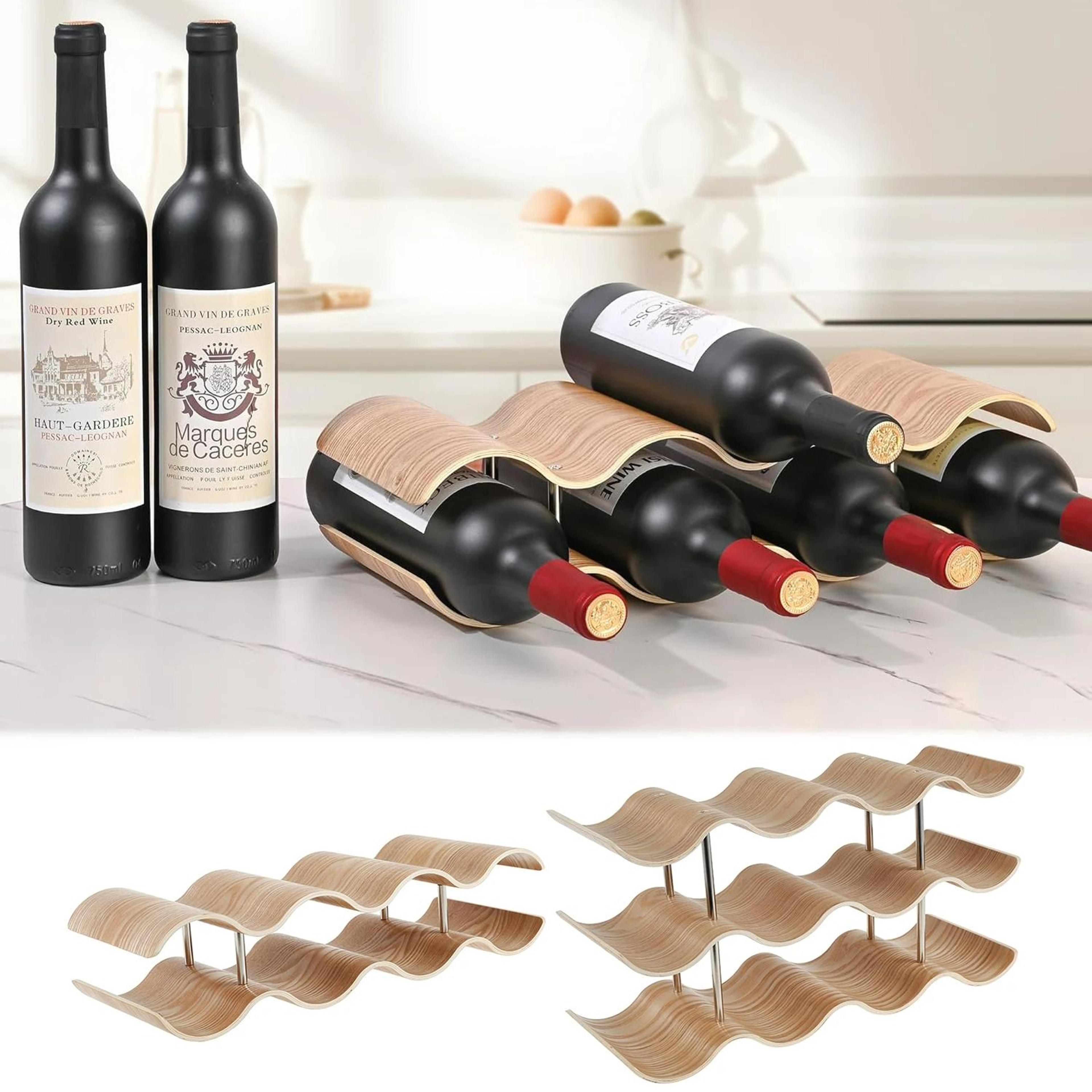 wavy wooden wine bottle organizer rack - multi-tier horizontal countertop display holder for kitchen, pantry & bar