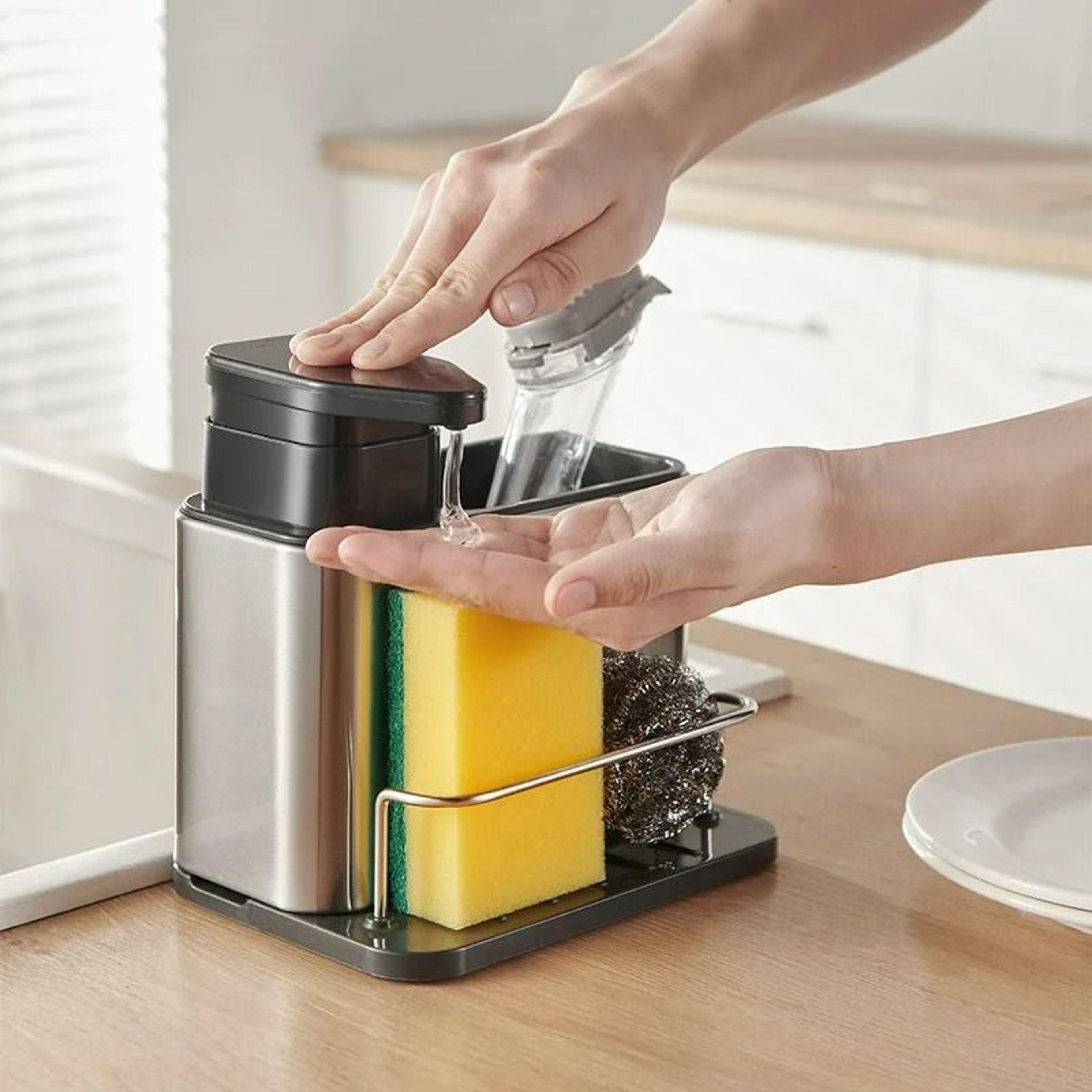 multi-function kitchen sink sponge holder & soap dispenser - integrated hand soap bottle with storage rack caddy