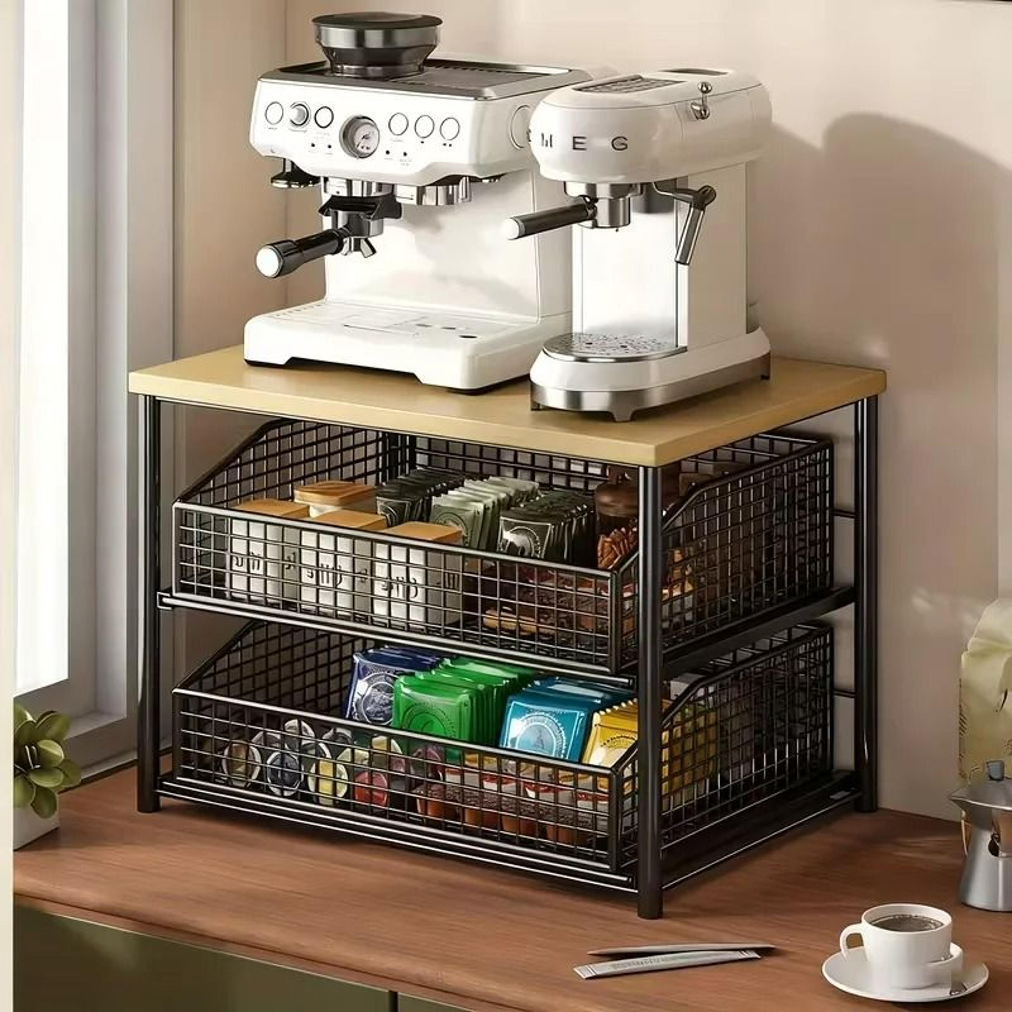 multi-layer kitchen countertop storage rack - space-saving desktop organizer with drawers & metal baskets