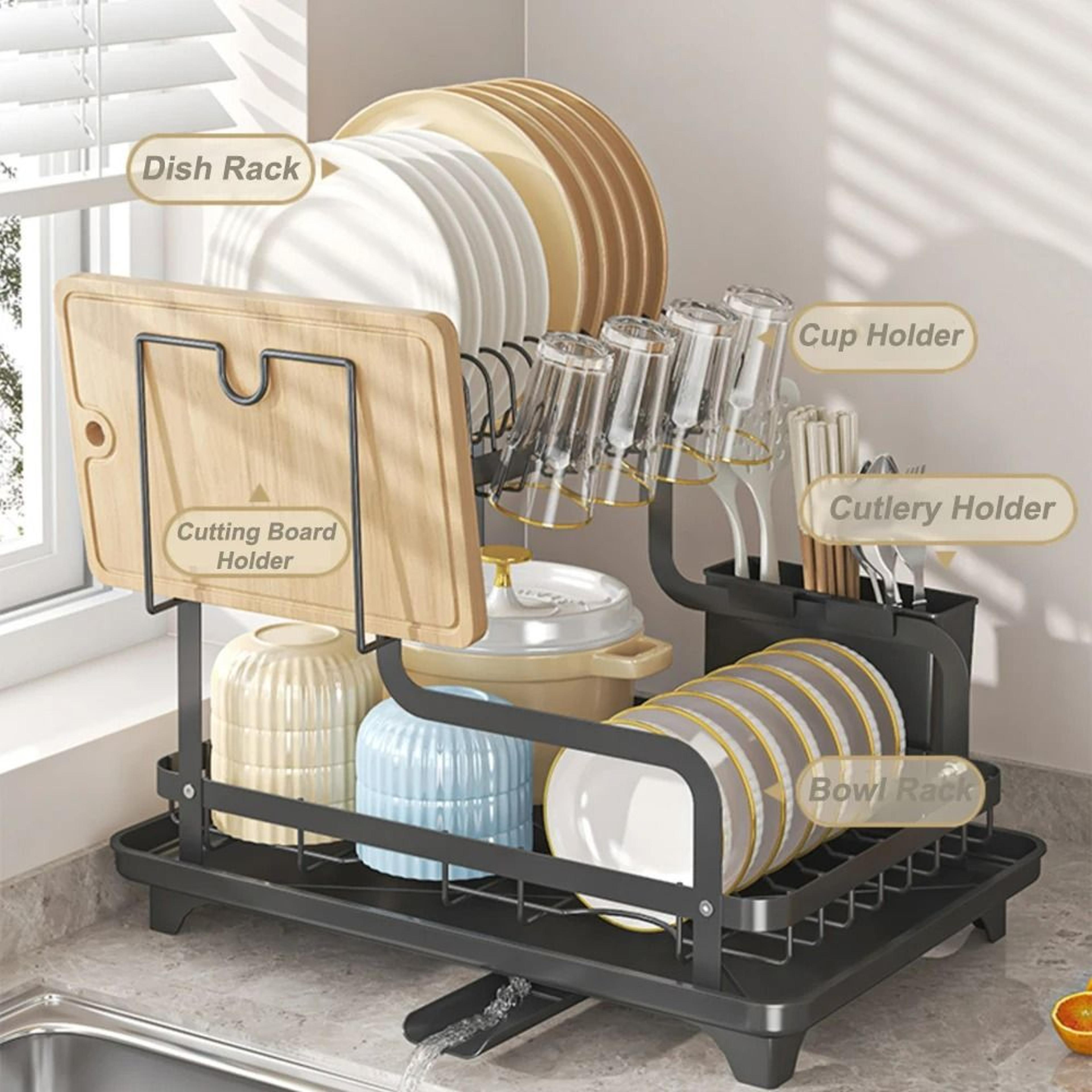 2-tier over-sink dish drying rack with auto-drainboard