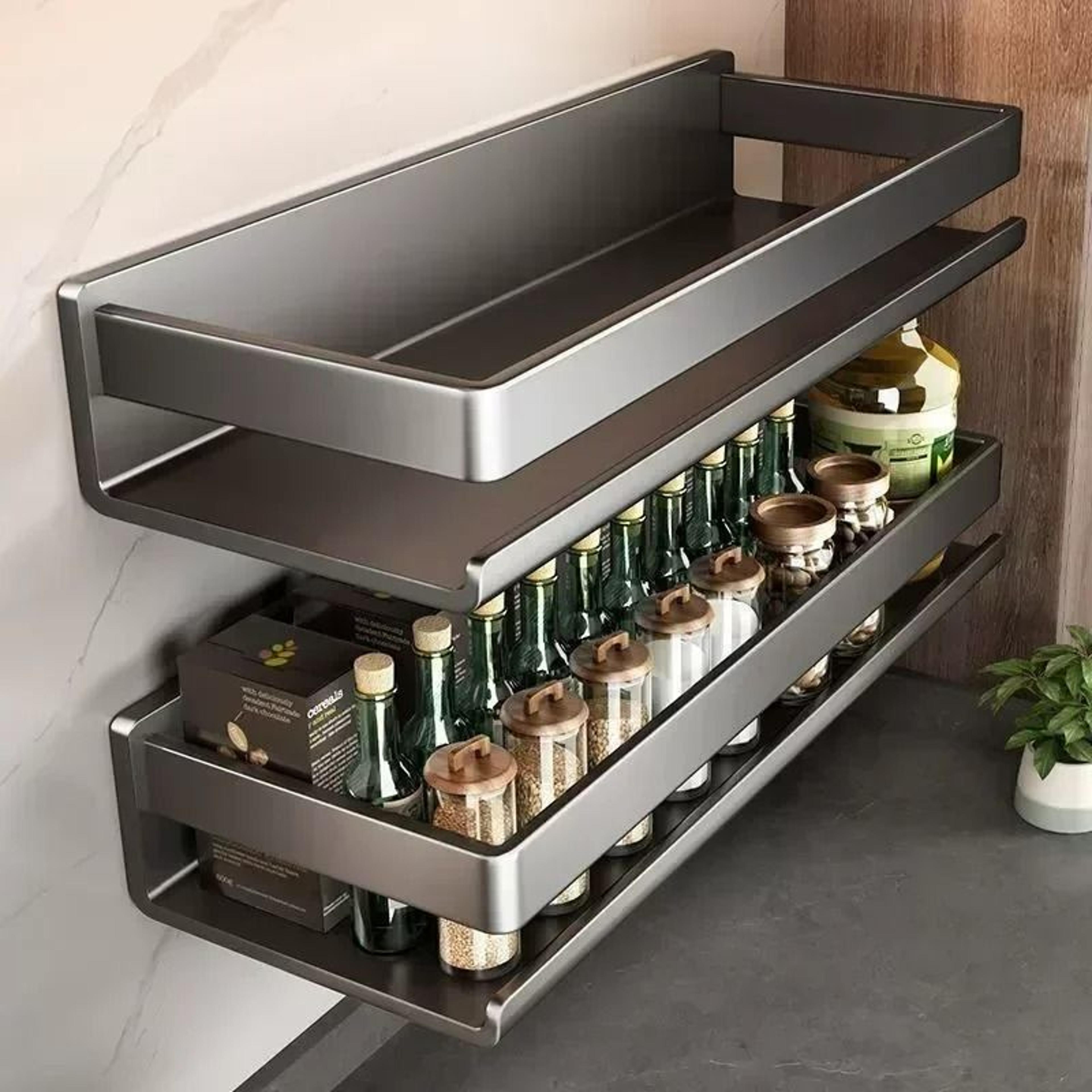 wall-mounted metal spice rack with hooks
