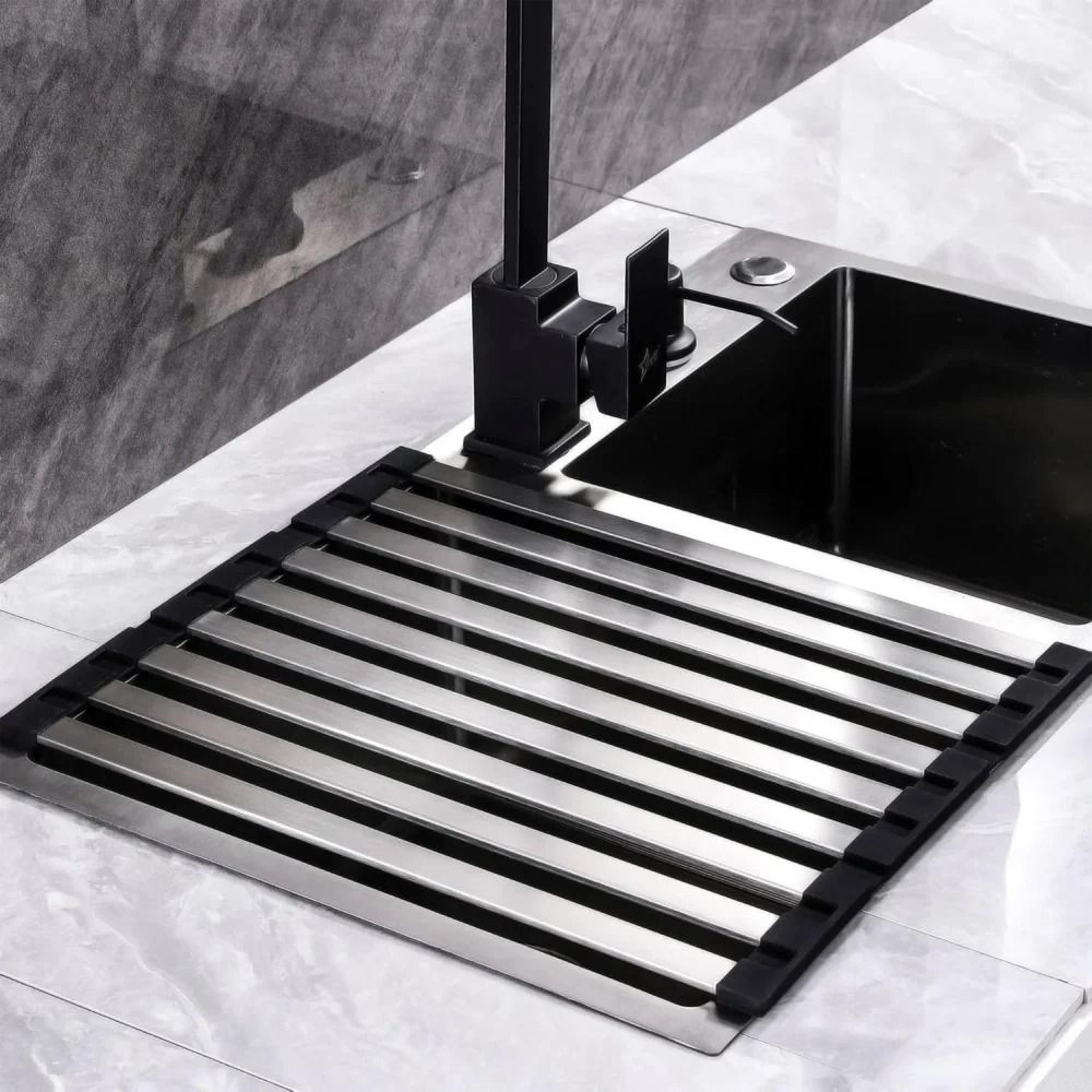 roll-up stainless steel over-the-sink dish drying rack and storage shelf