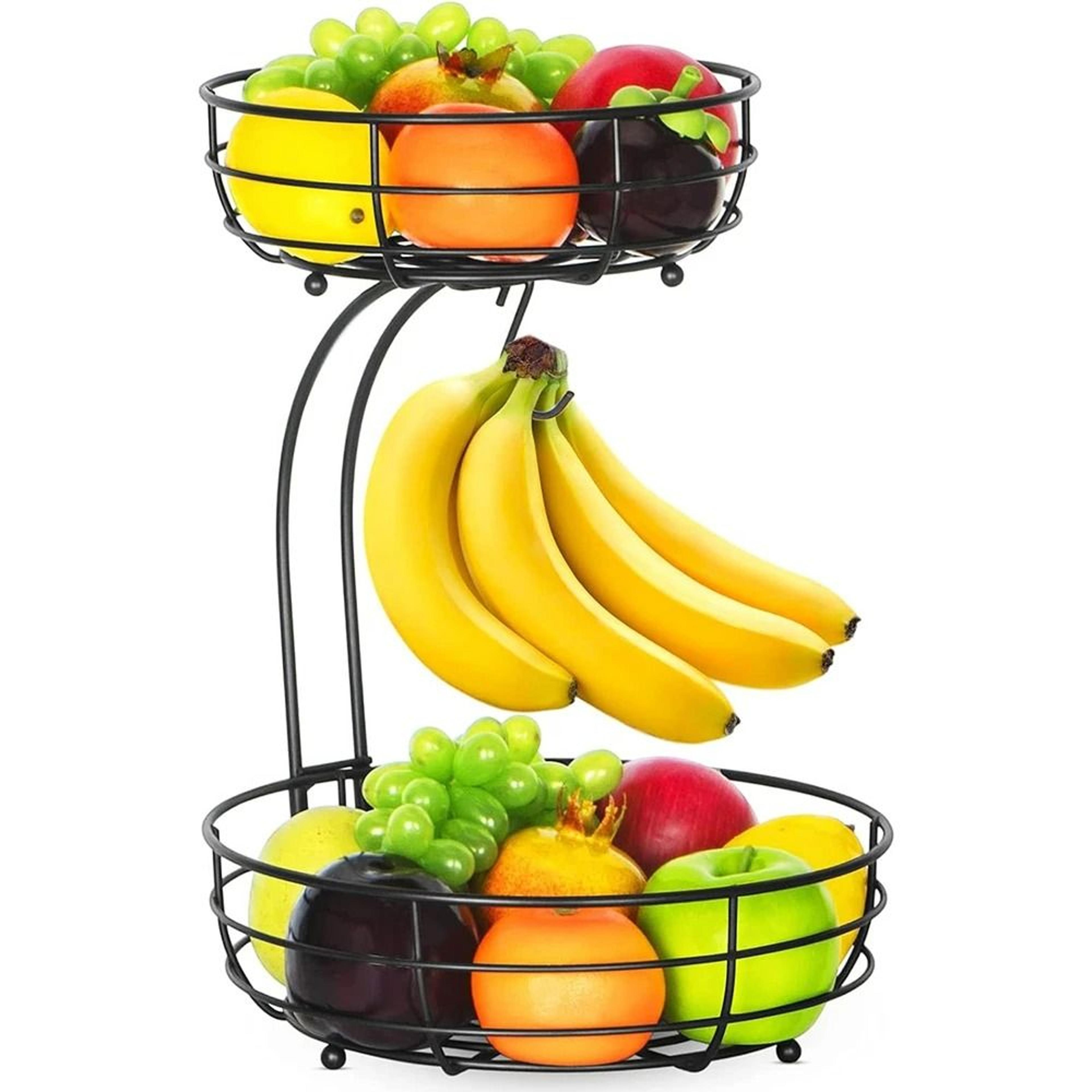 2-tier countertop fruit basket bowl with integrated banana hanger stand