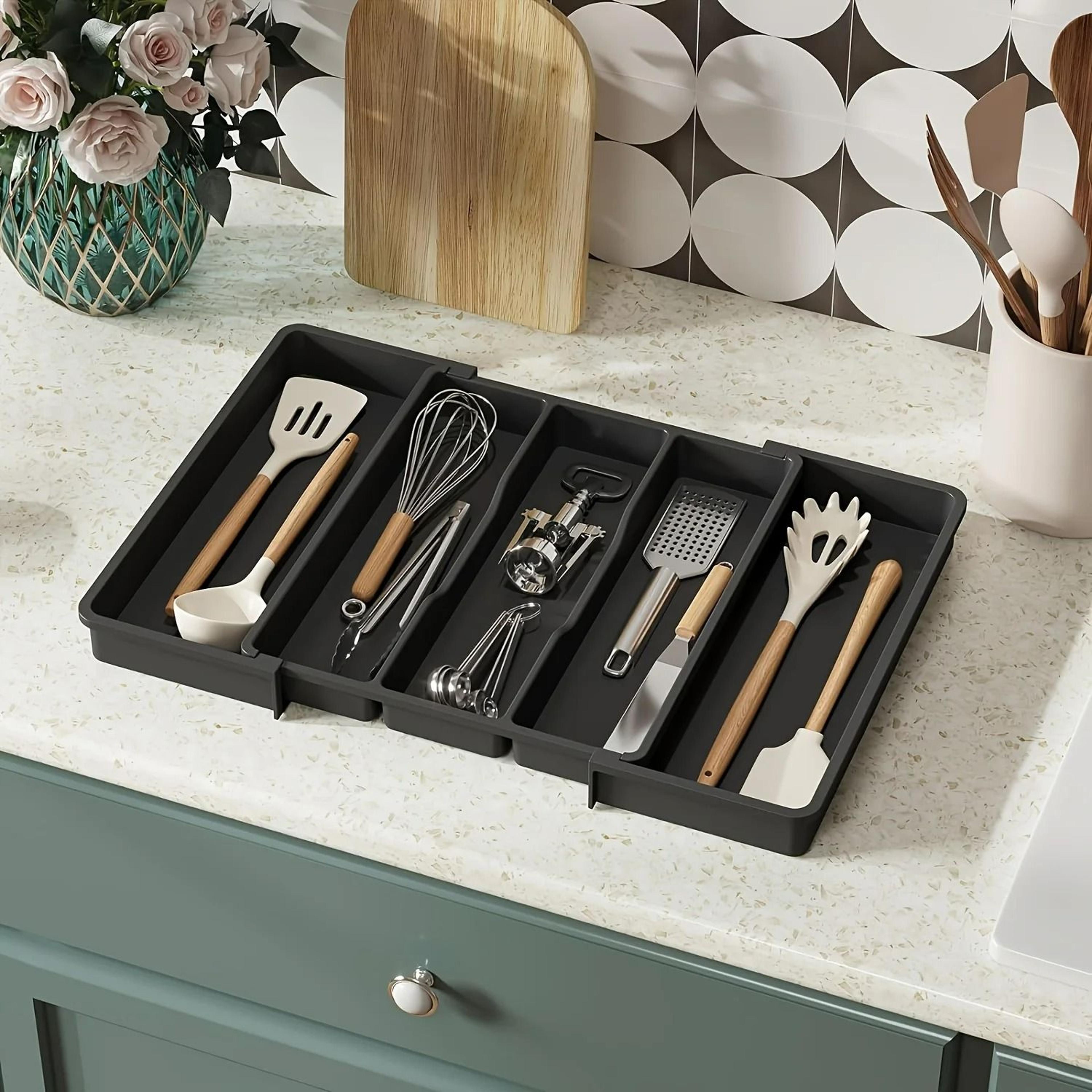 expandable large plastic kitchen utensil organizer and adjustable cutlery divider