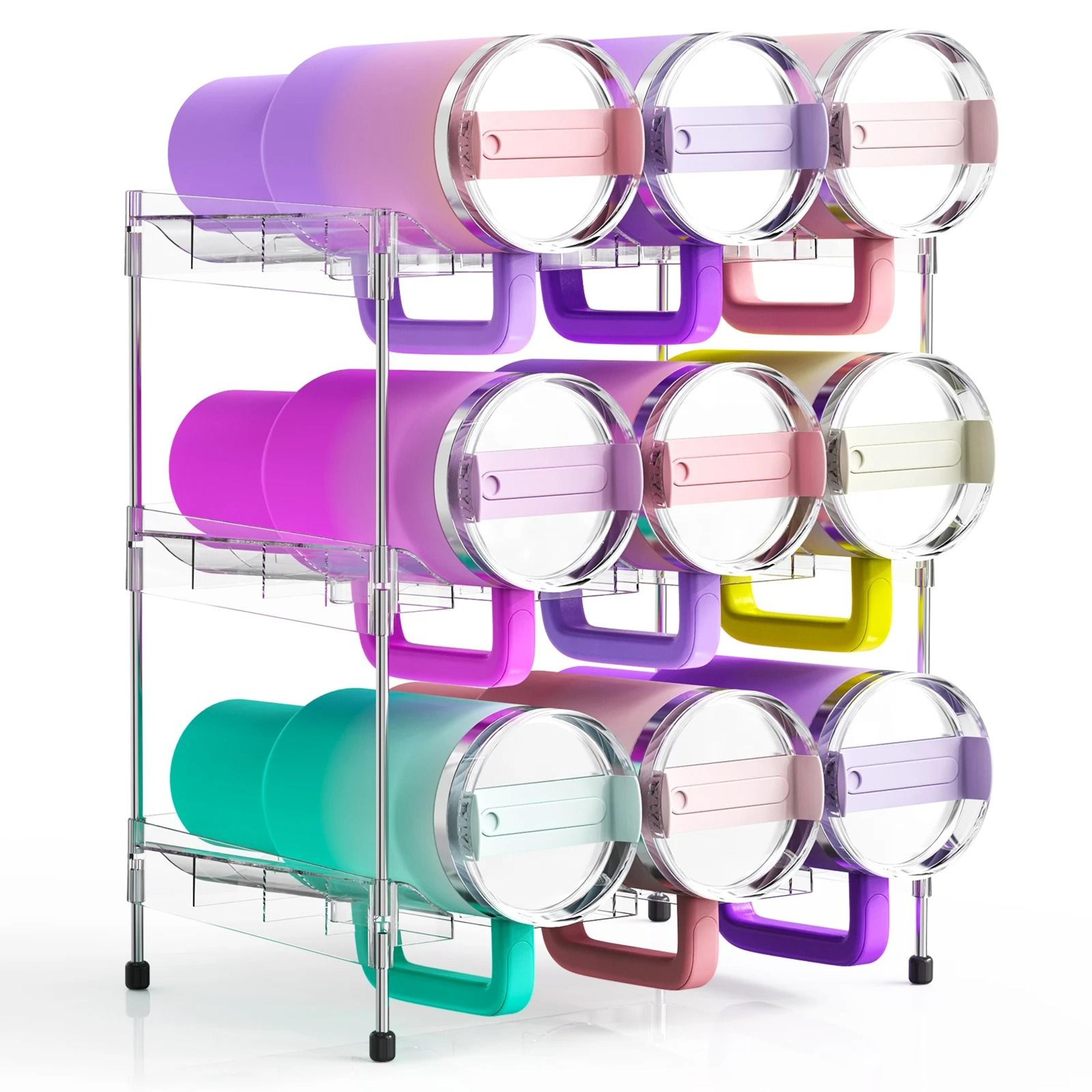 stackable clear water bottle organizer and modular tumbler storage rack