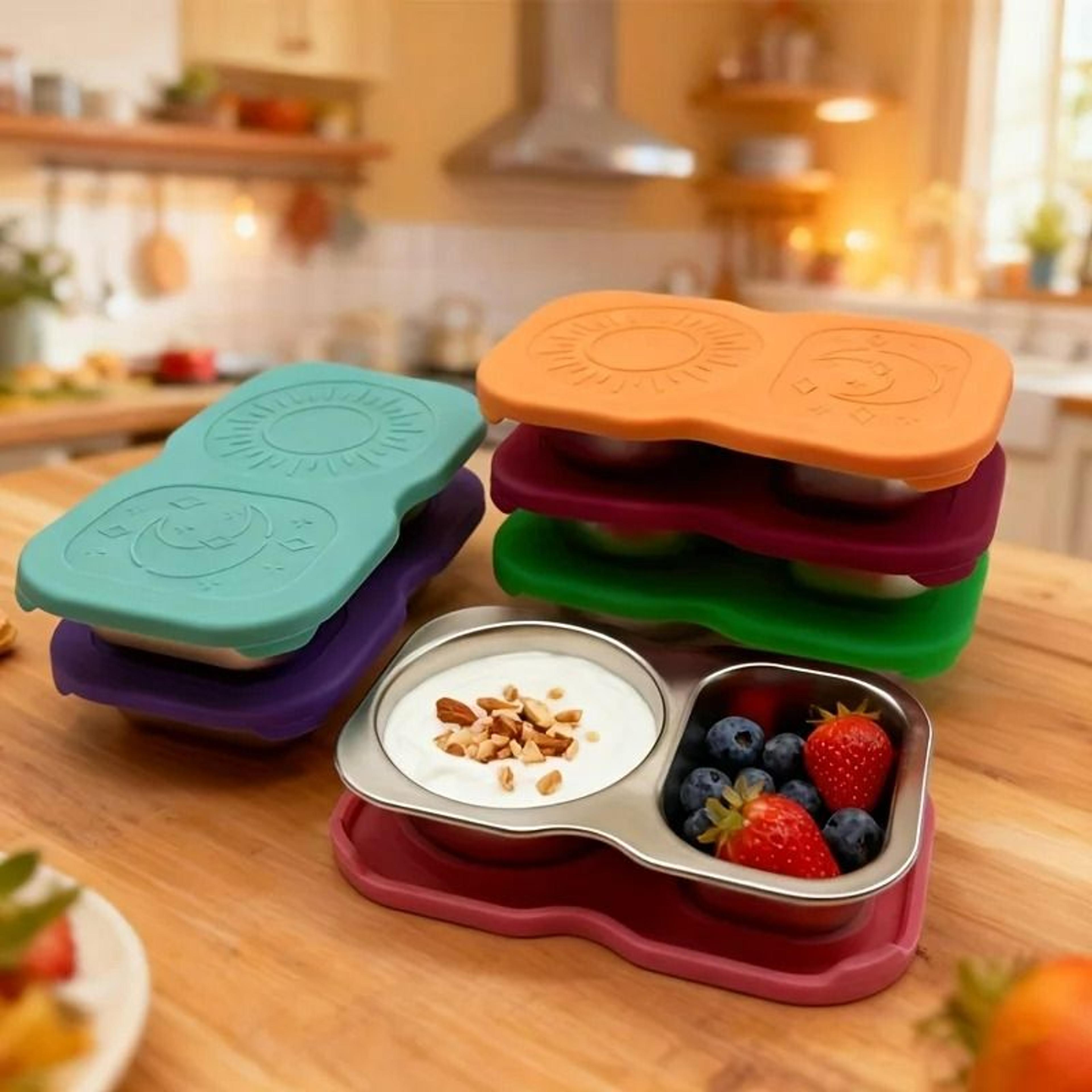 leakproof stainless steel double-compartment snack containers and dipping sauce dishes