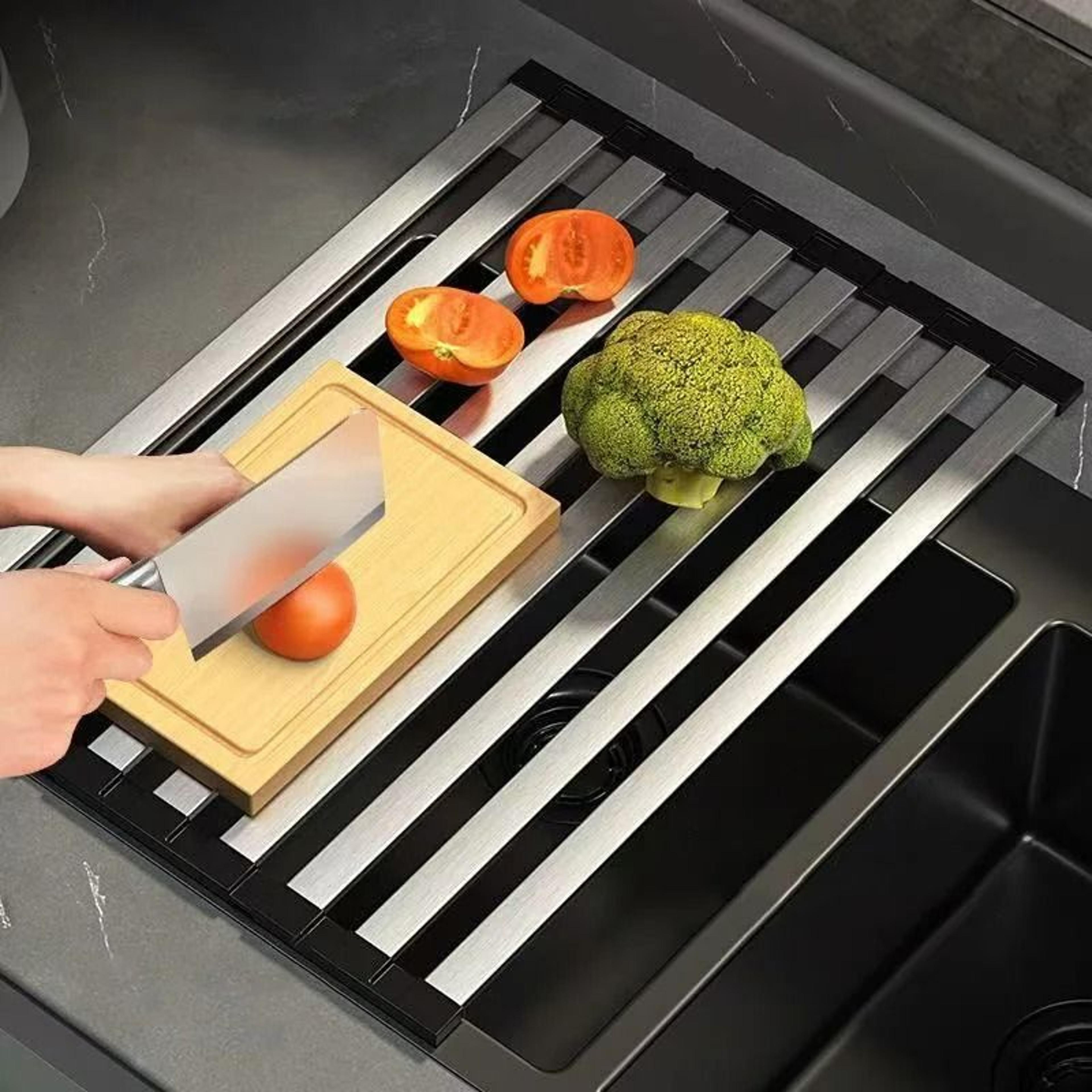 304 stainless steel foldable over-the-sink dish drying rack and space-saving rolling mat