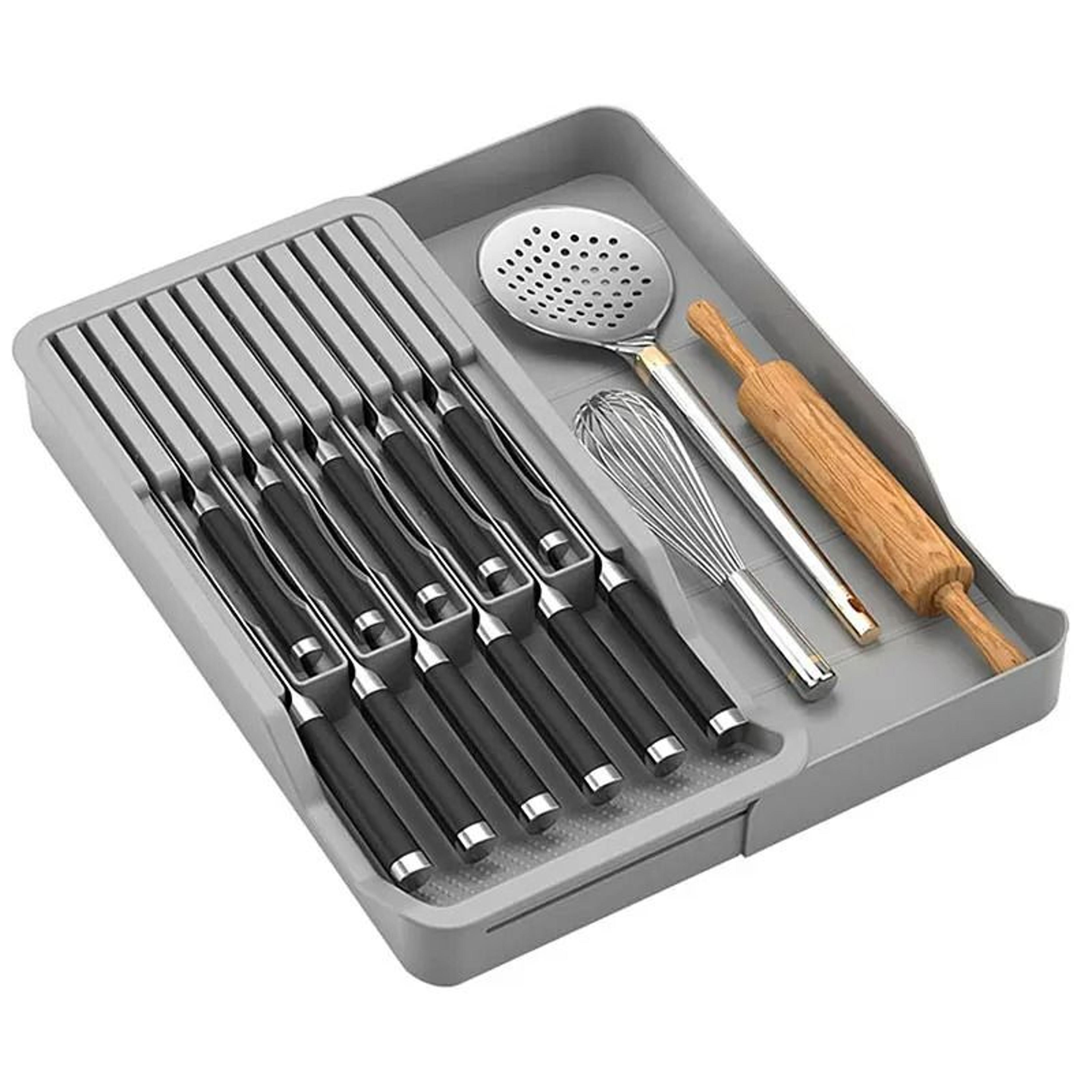 expandable countertop knife block holder and retractable in-drawer knife organizer insert