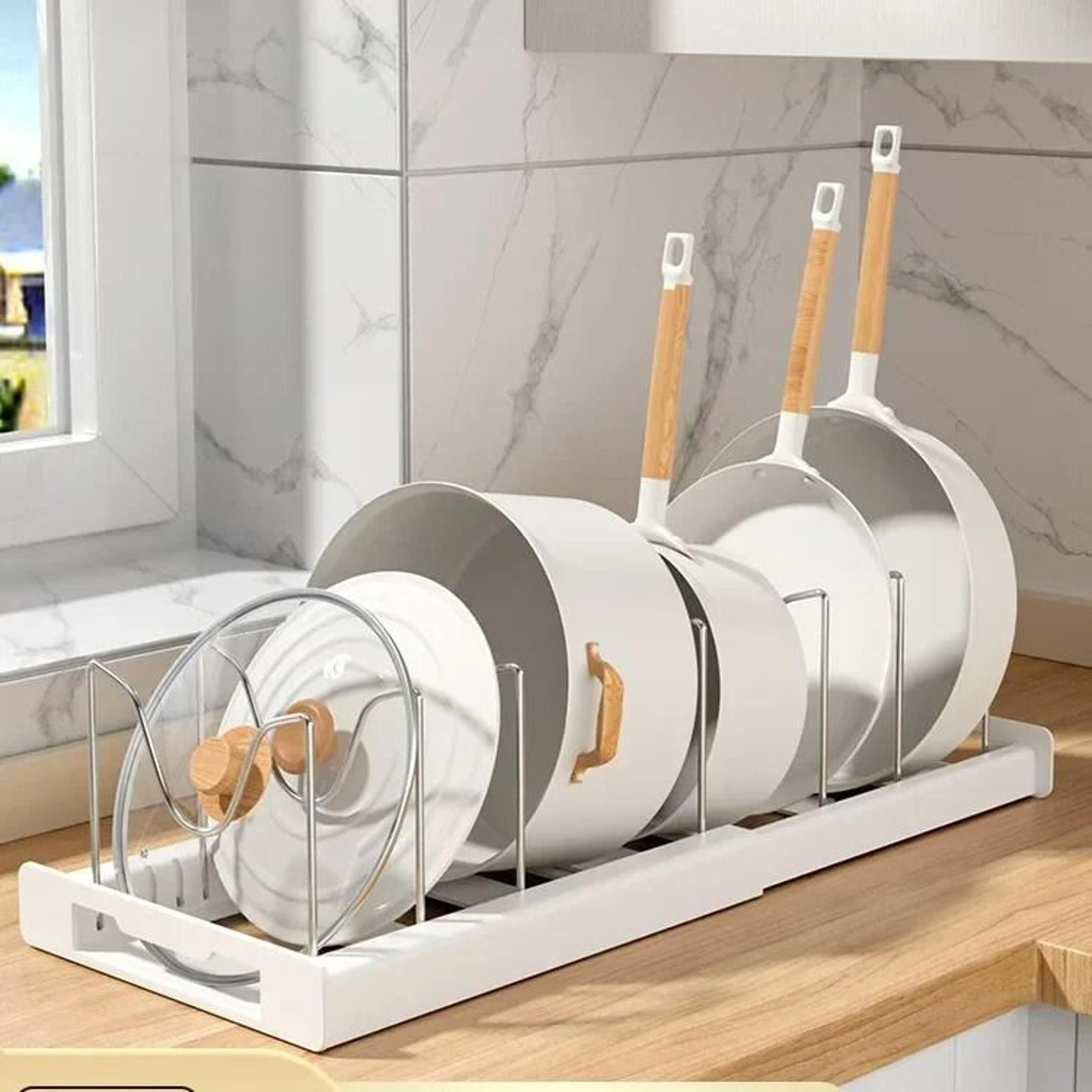 expandable pots and pans organizer rack and adjustable countertop cookware storage holder