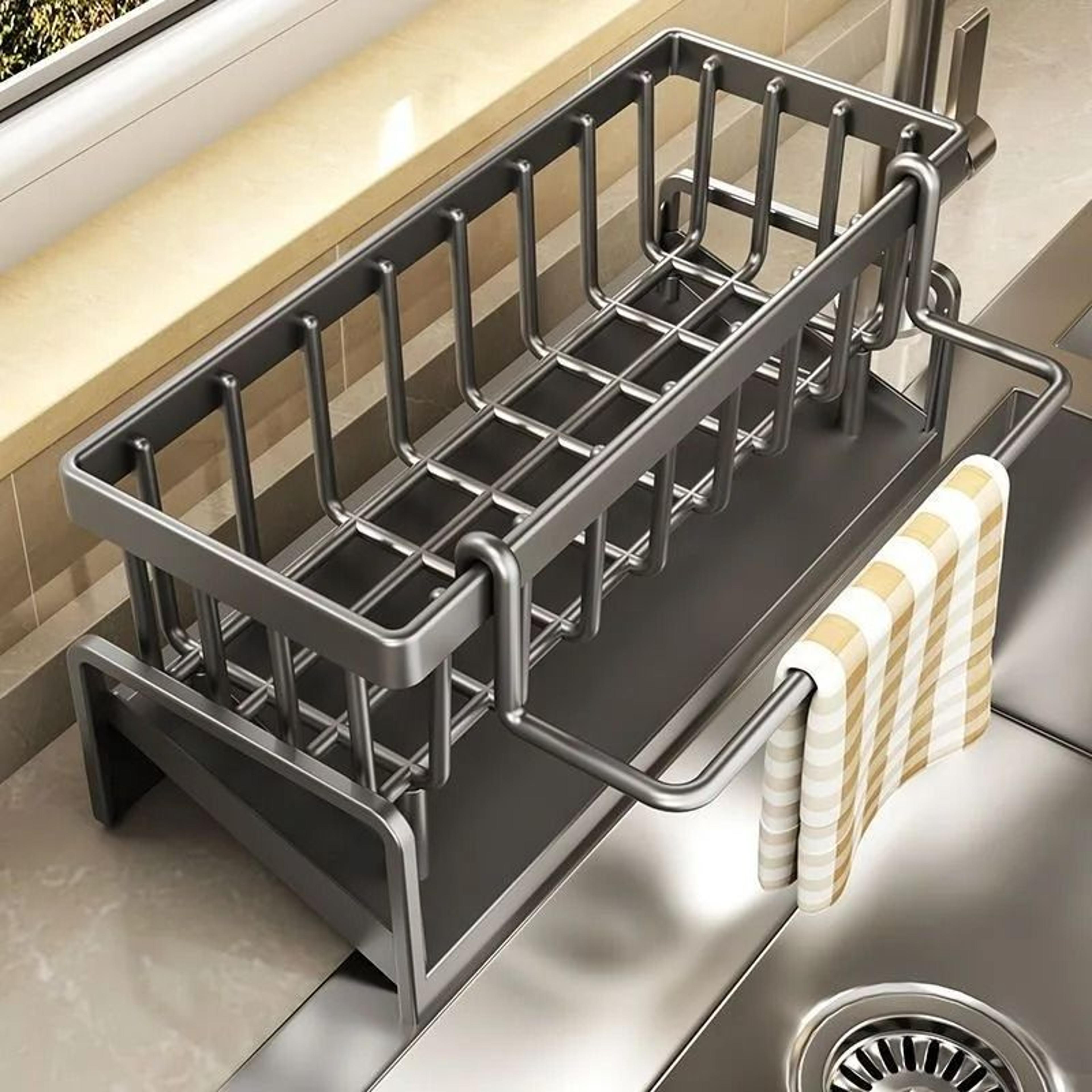 kitchen stainless steel faucet drain rack, clip-on sponge storage holder, and soap towel shelf organizer