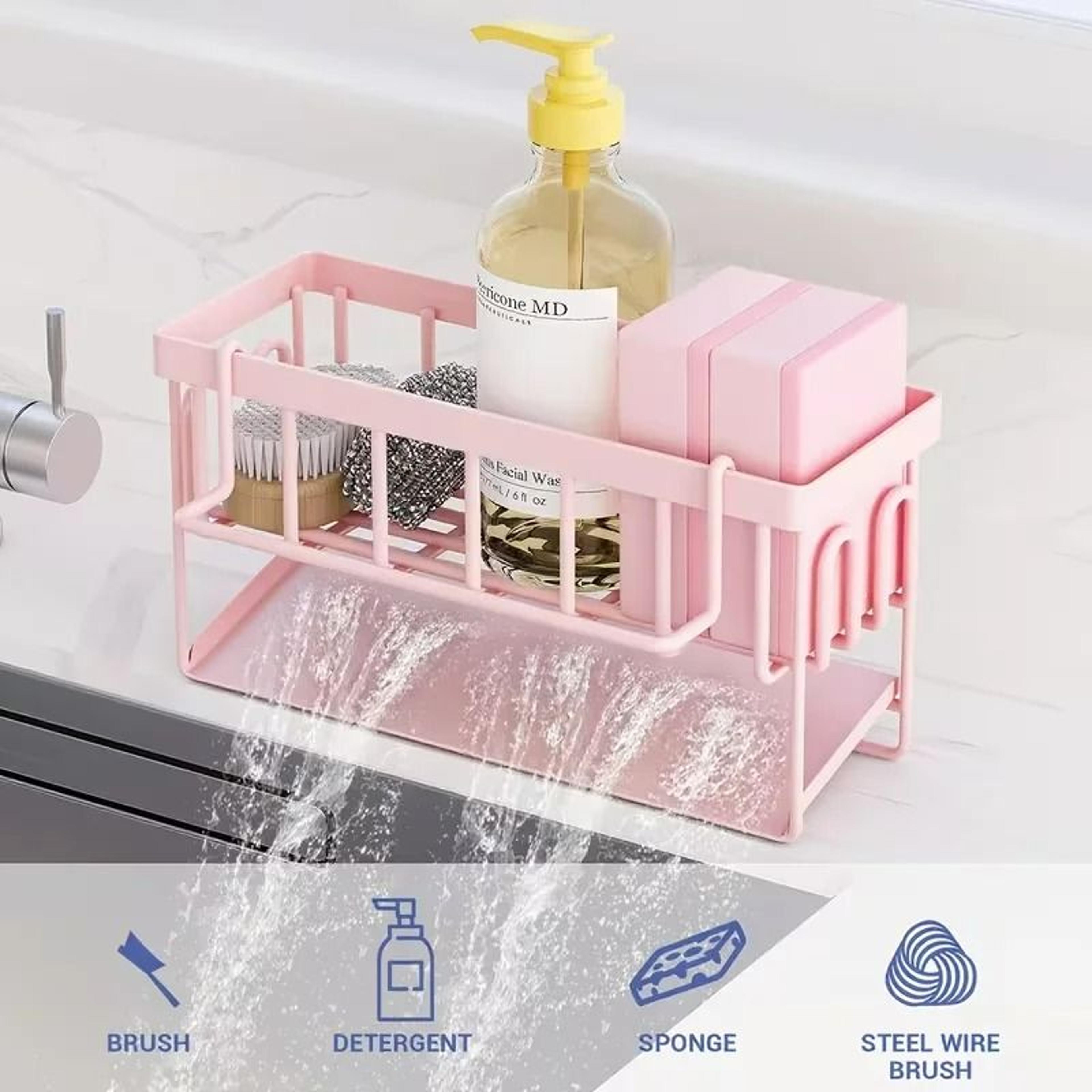 no-drill adhesive sink caddy with hanging dishcloth bar