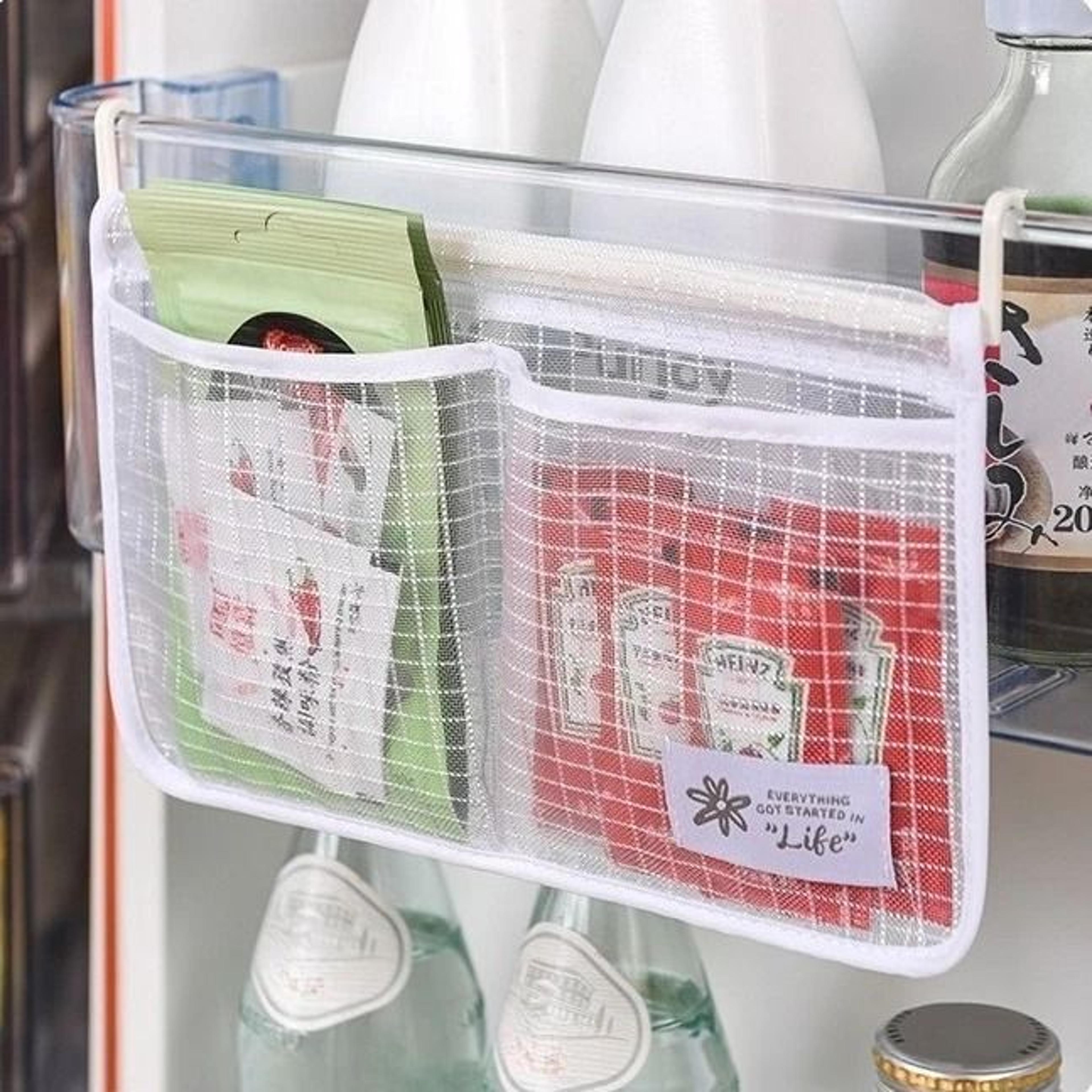 hanging refrigerator storage mesh bag - double compartment sauce packet net pouch