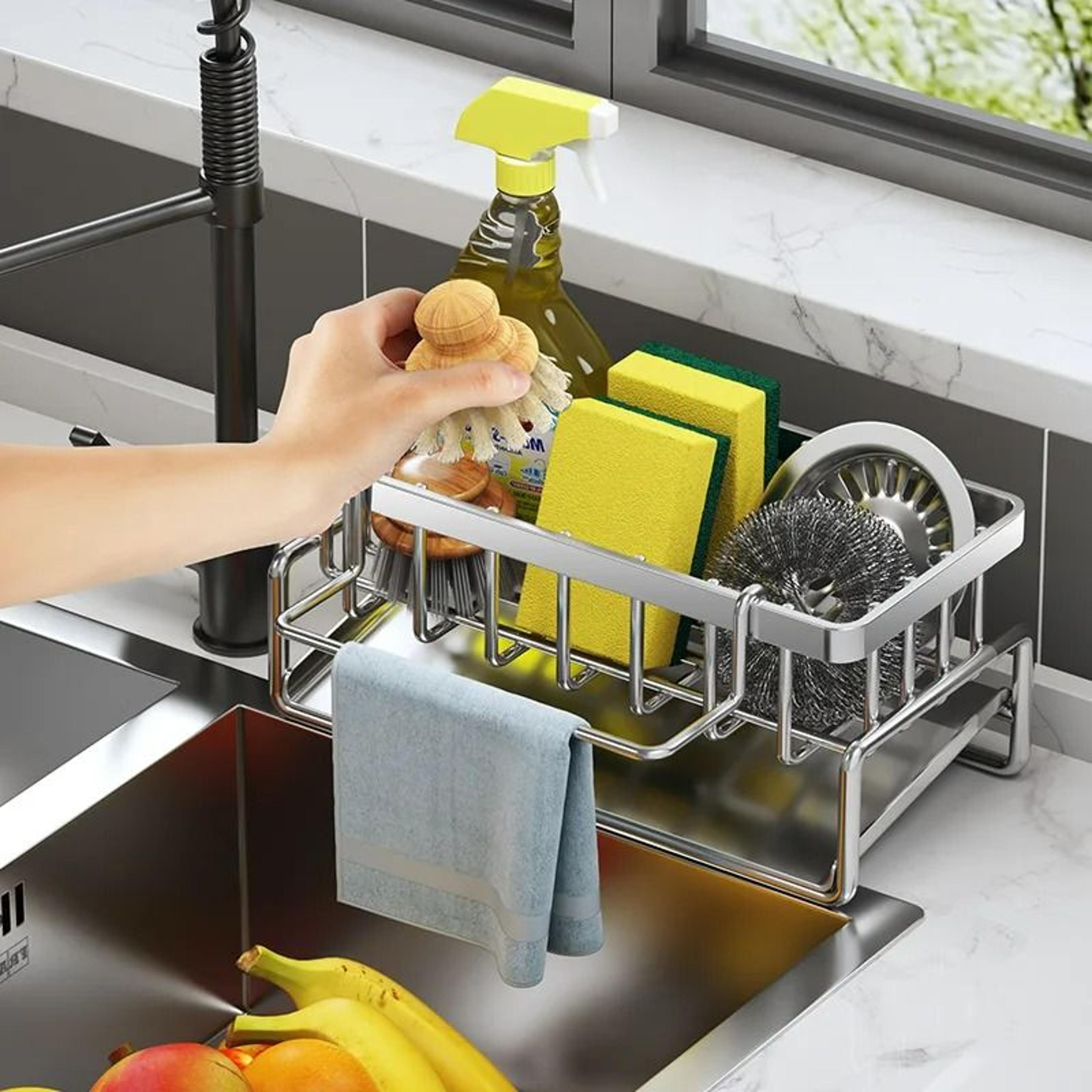 faucet-mounted stainless steel sink caddy - adjustable sponge, soap, and dishcloth drainer organizer