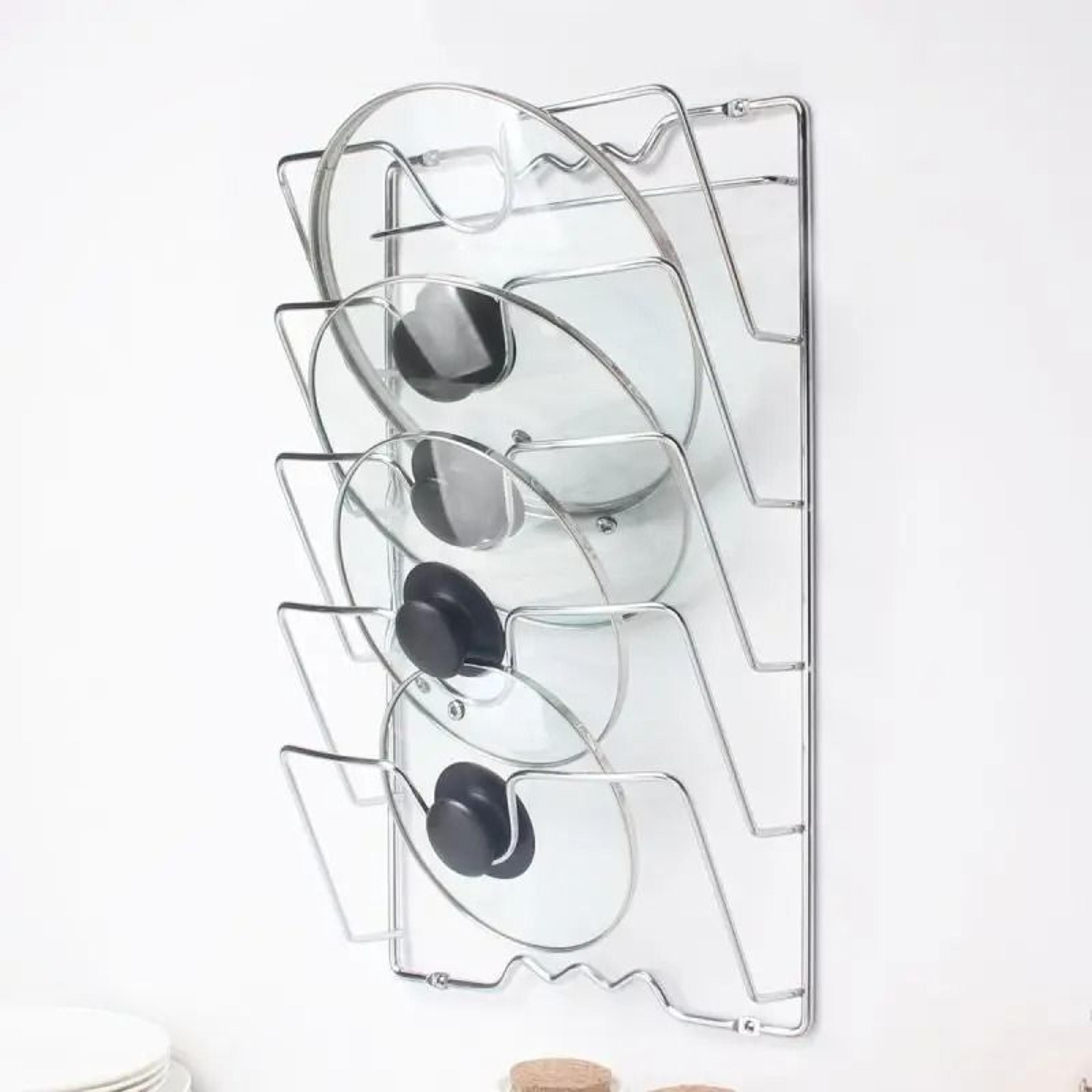 wall-mounted 5-tier pot lid organizer - heavy-duty rust-free metal kitchen storage rack