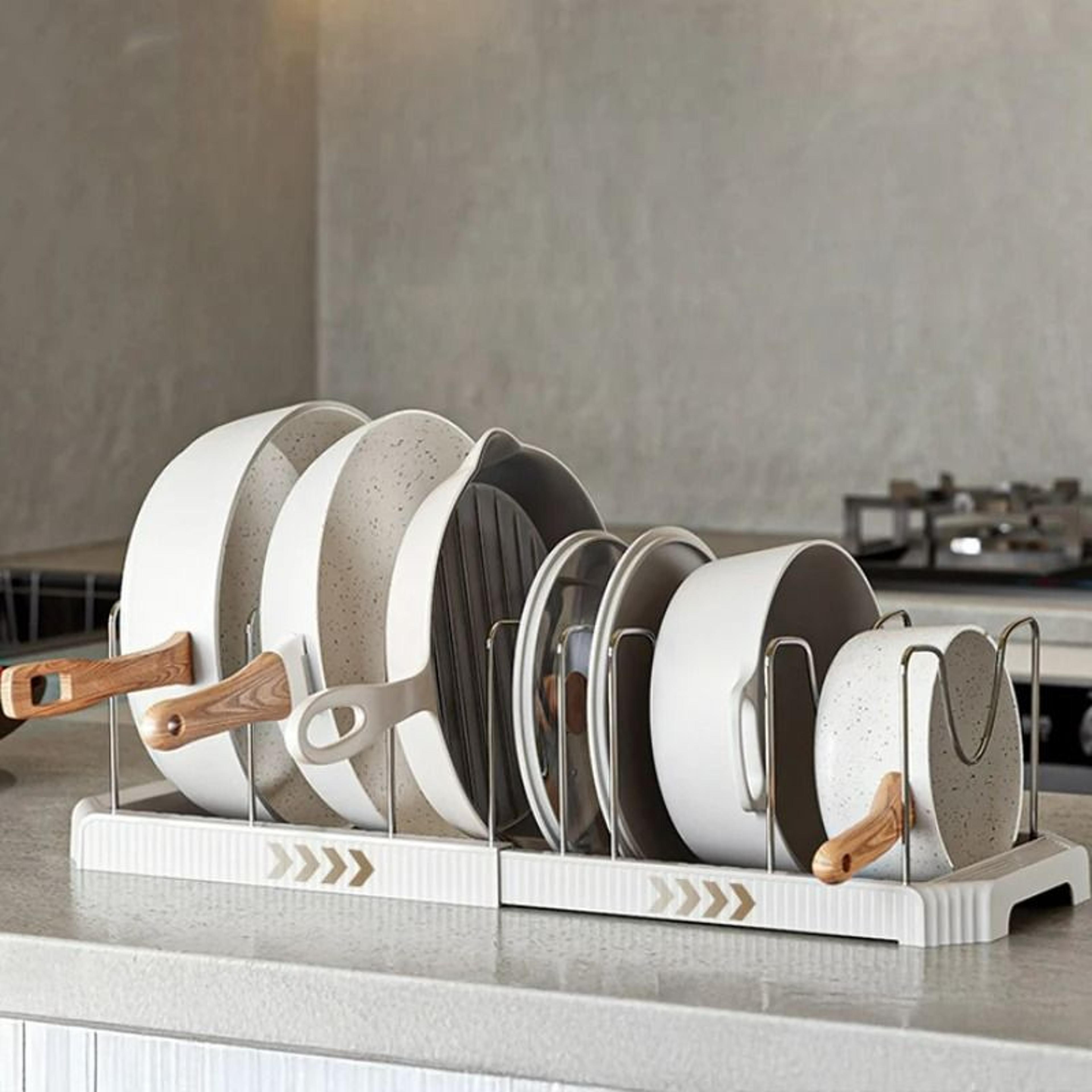 expandable kitchen organizer rack - heavy-duty retractable cabinet shelf for bowls, pots, and cookware