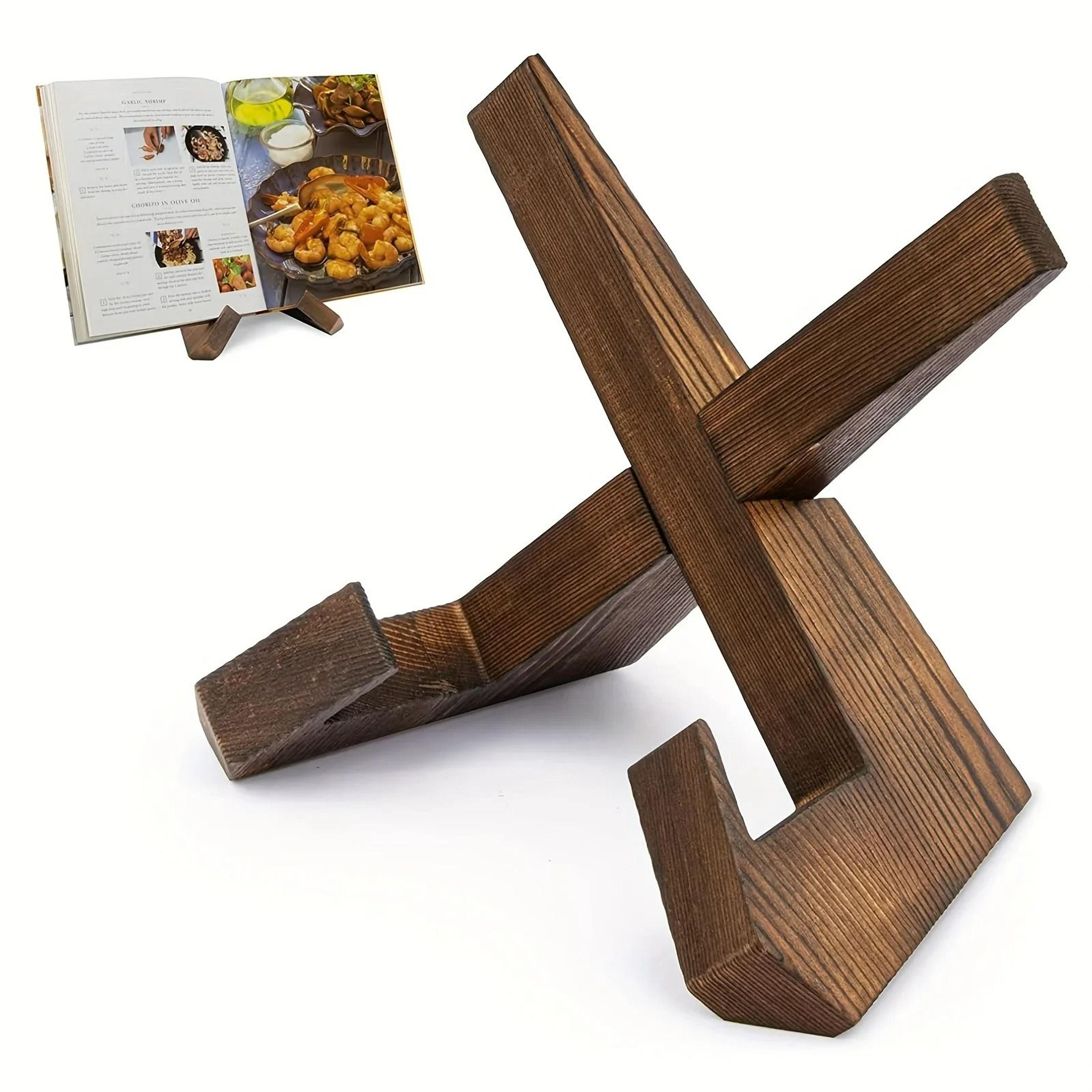 handmade wooden cookbook stand - rustic farmhouse recipe holder and tablet display easel for kitchen cooking