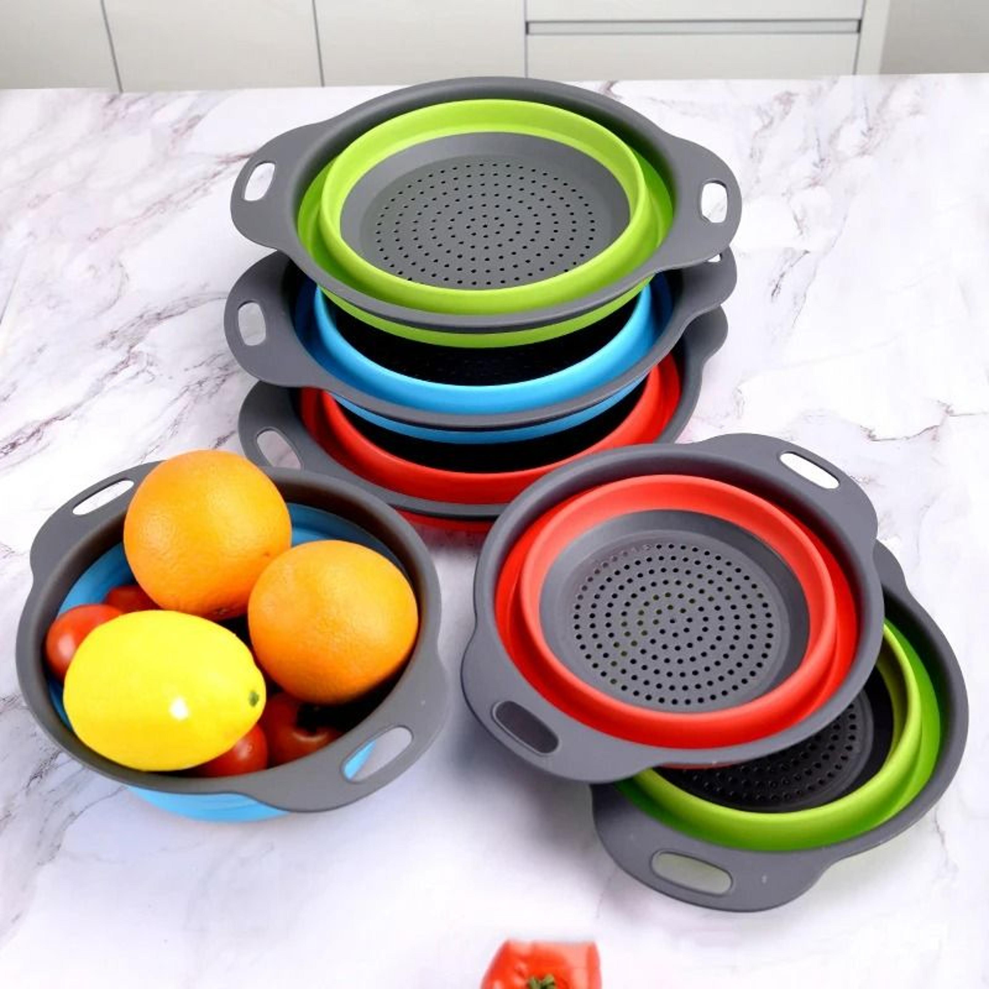 2-piece collapsible strainer set - folding silicone drain basket for fruit and vegetable washing