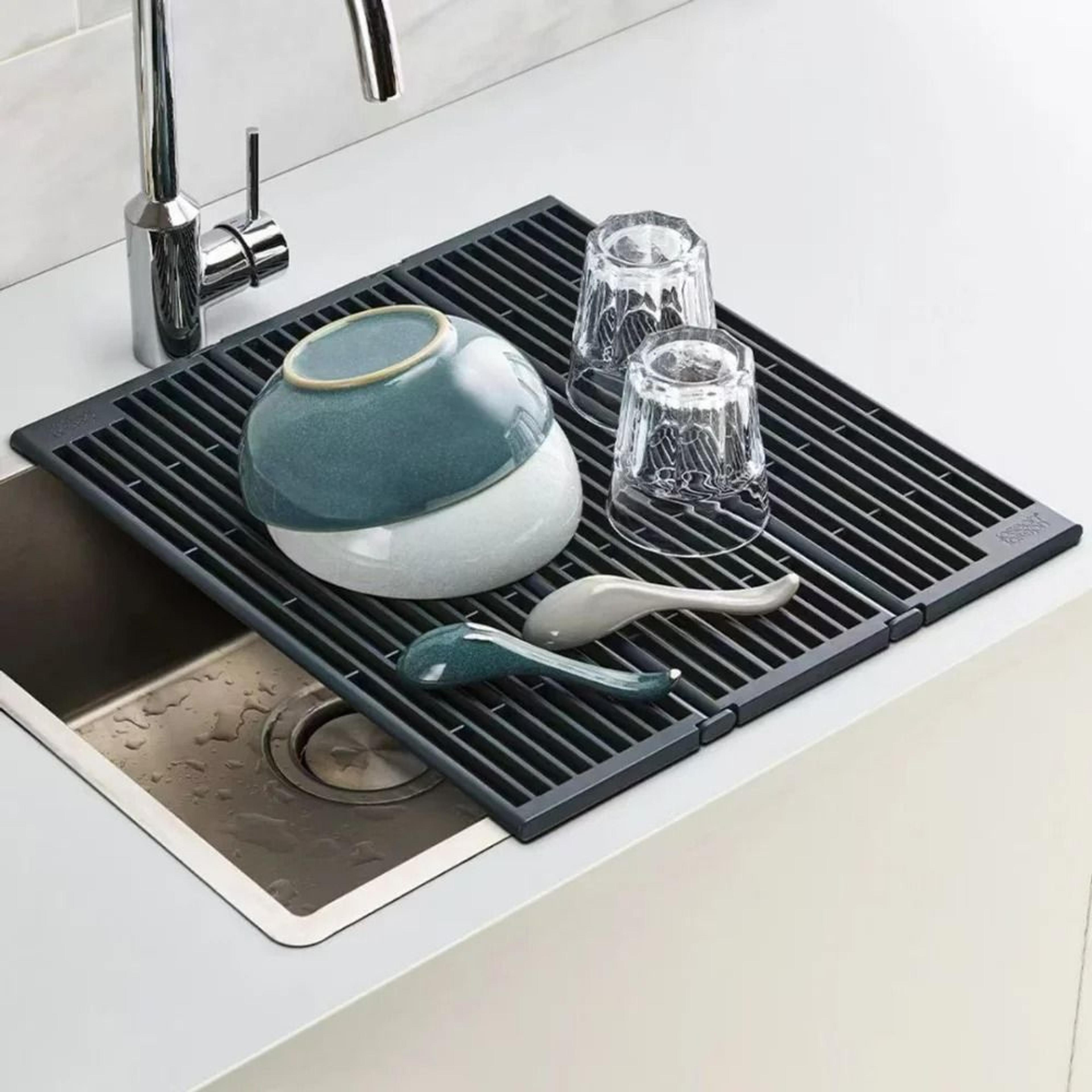 black foldable kitchen sink drainer - splash-proof drying rack for dishes & utensils