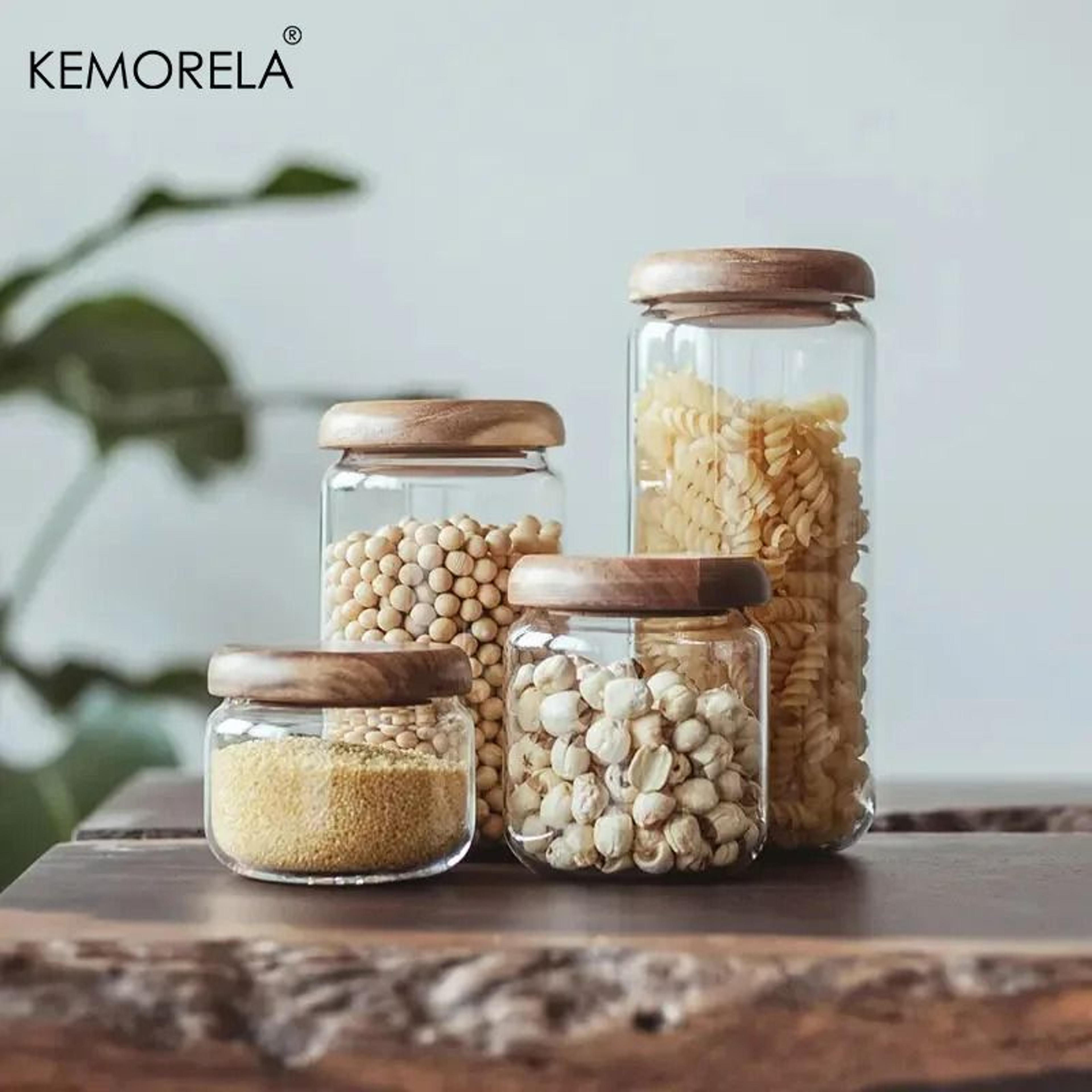 transparent glass food storage jar with acacia wood lid - airtight kitchen container for tea, dried fruit & snacks