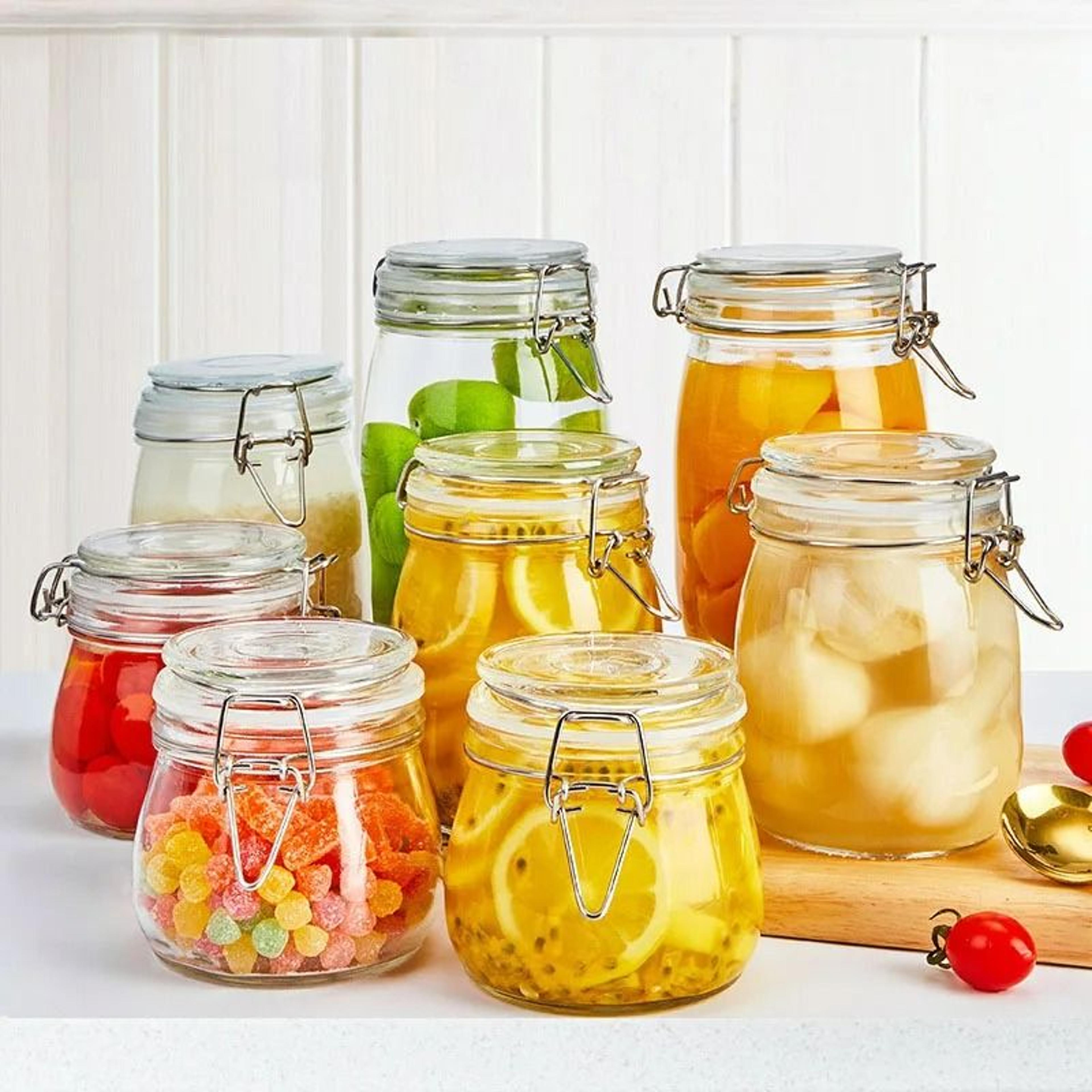 sealed glass jars with stainless steel clip lids - airtight storage containers for honey, snacks, grains & candy