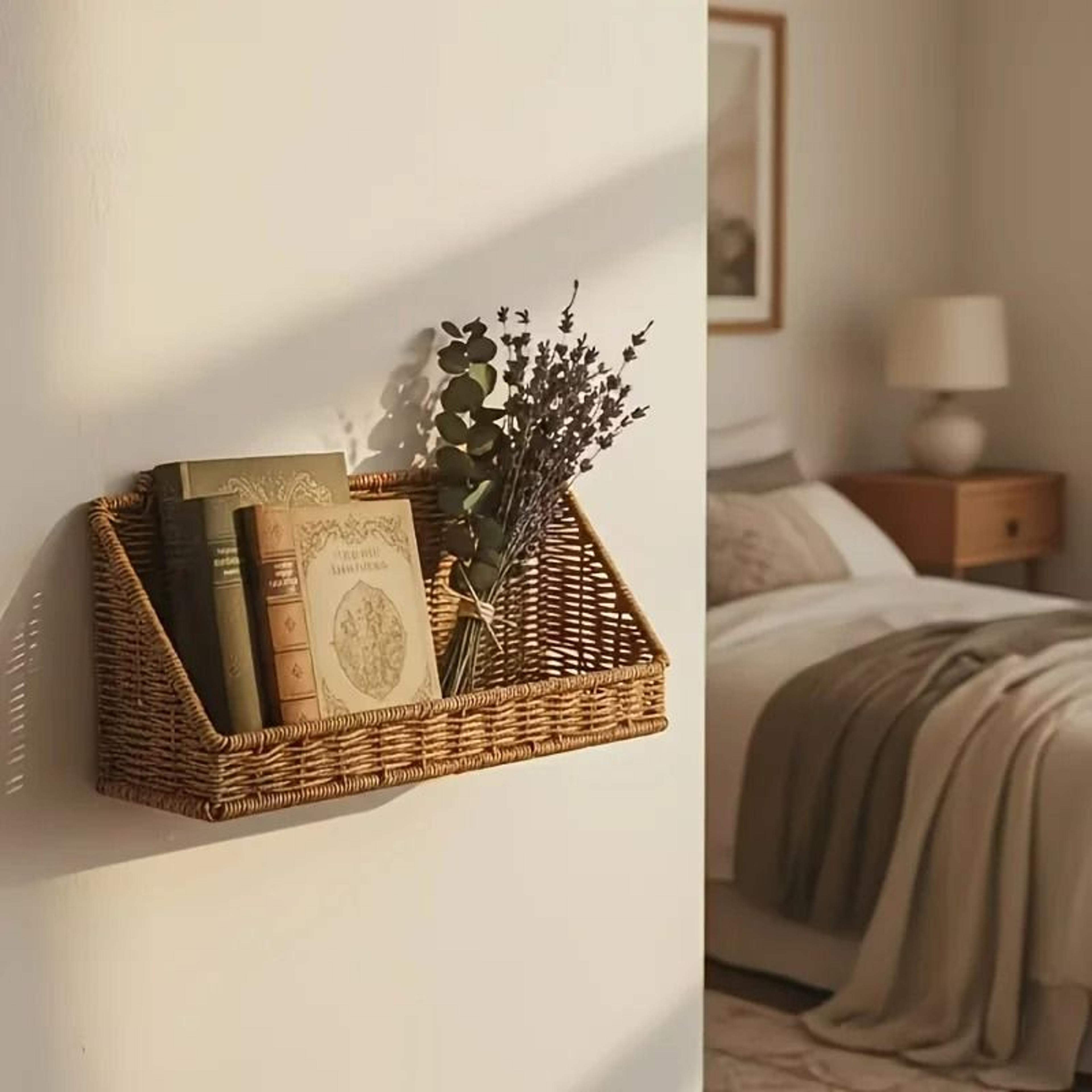 rustic wall-mounted woven basket with hooks - boho rattan storage hamper for kitchen, bathroom, and living room