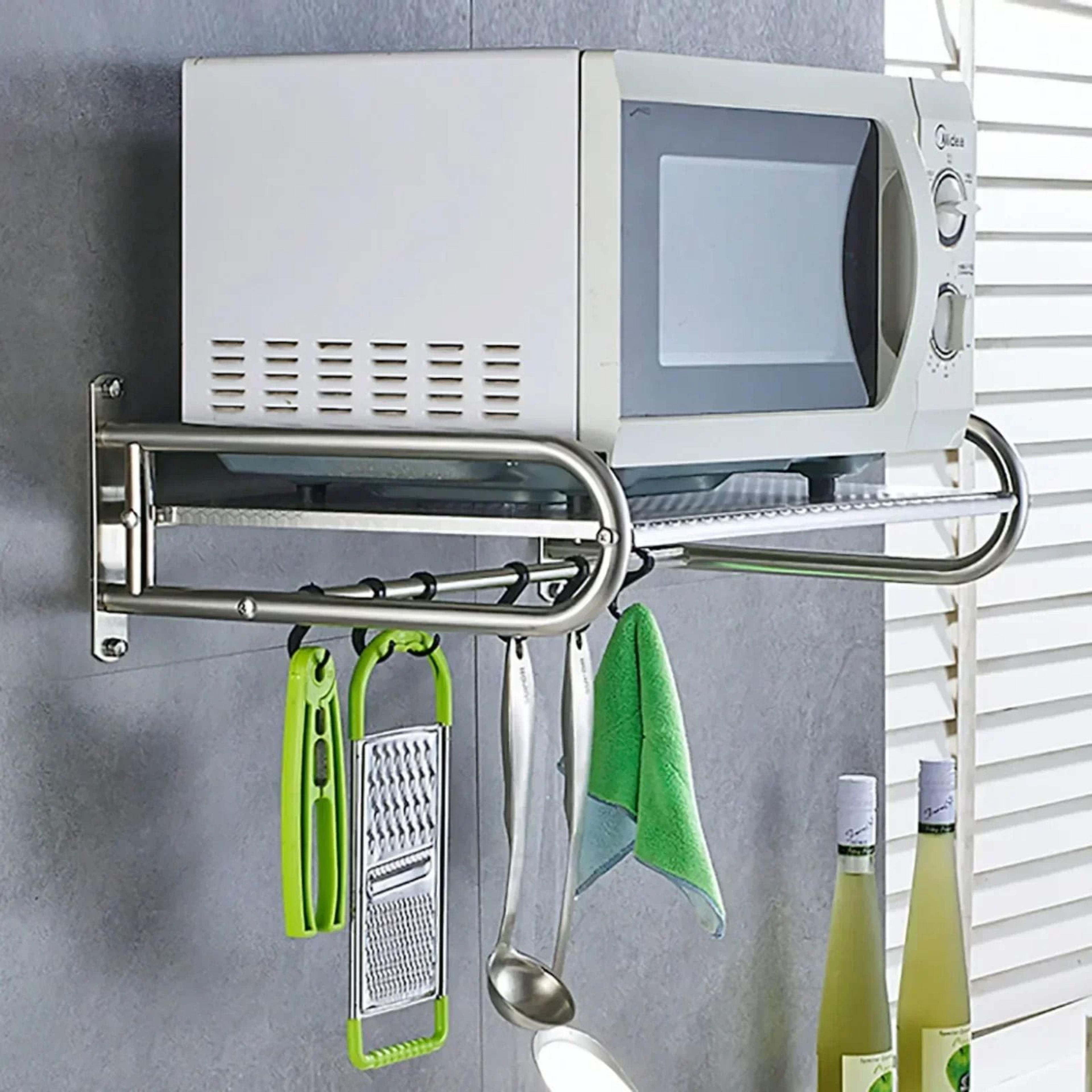 wall-mounted stainless steel microwave shelf - heavy-duty kitchen storage rack with 6 utility hooks