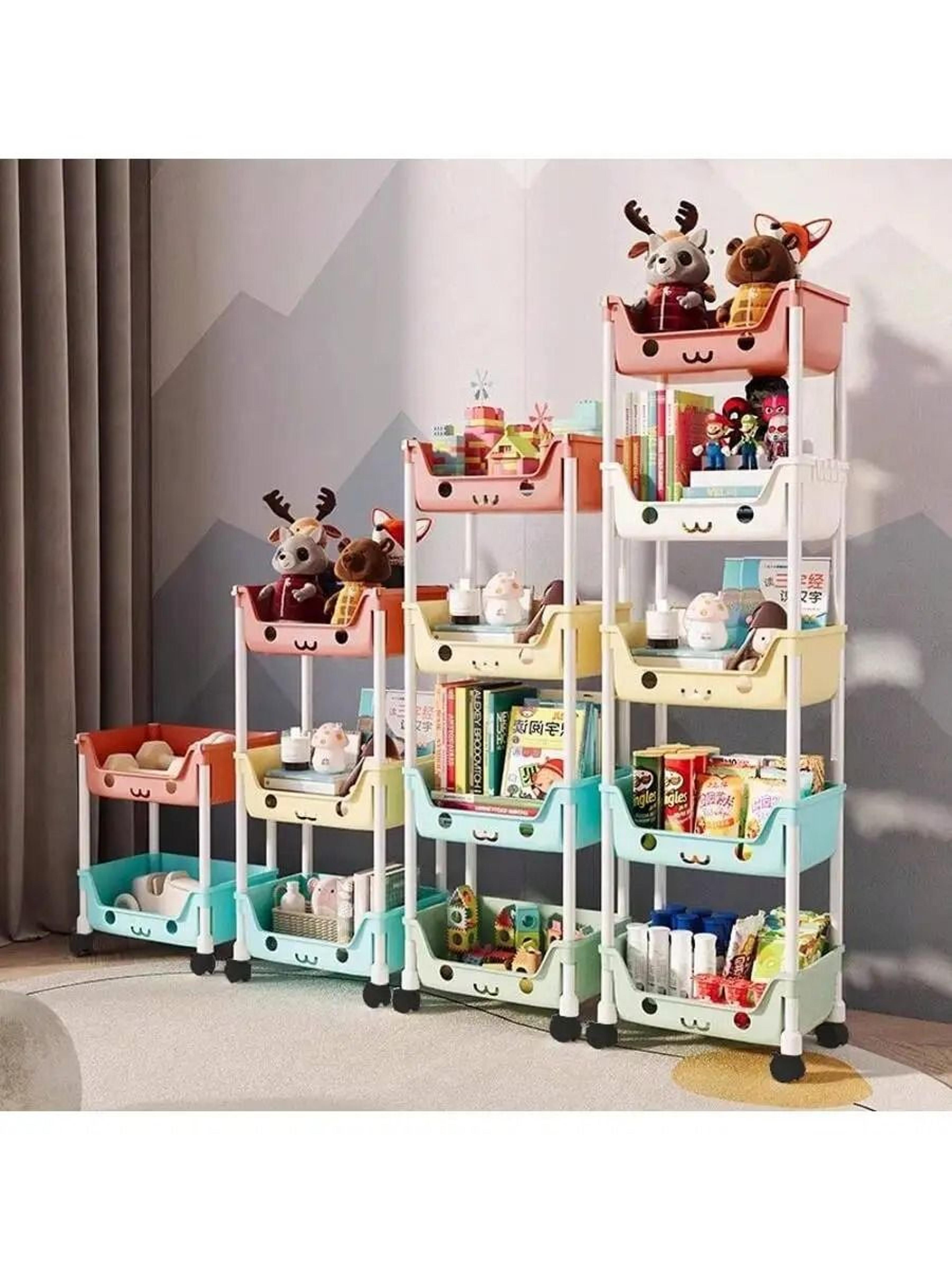 multi-tier slim rolling utility cart with storage bins and hooks