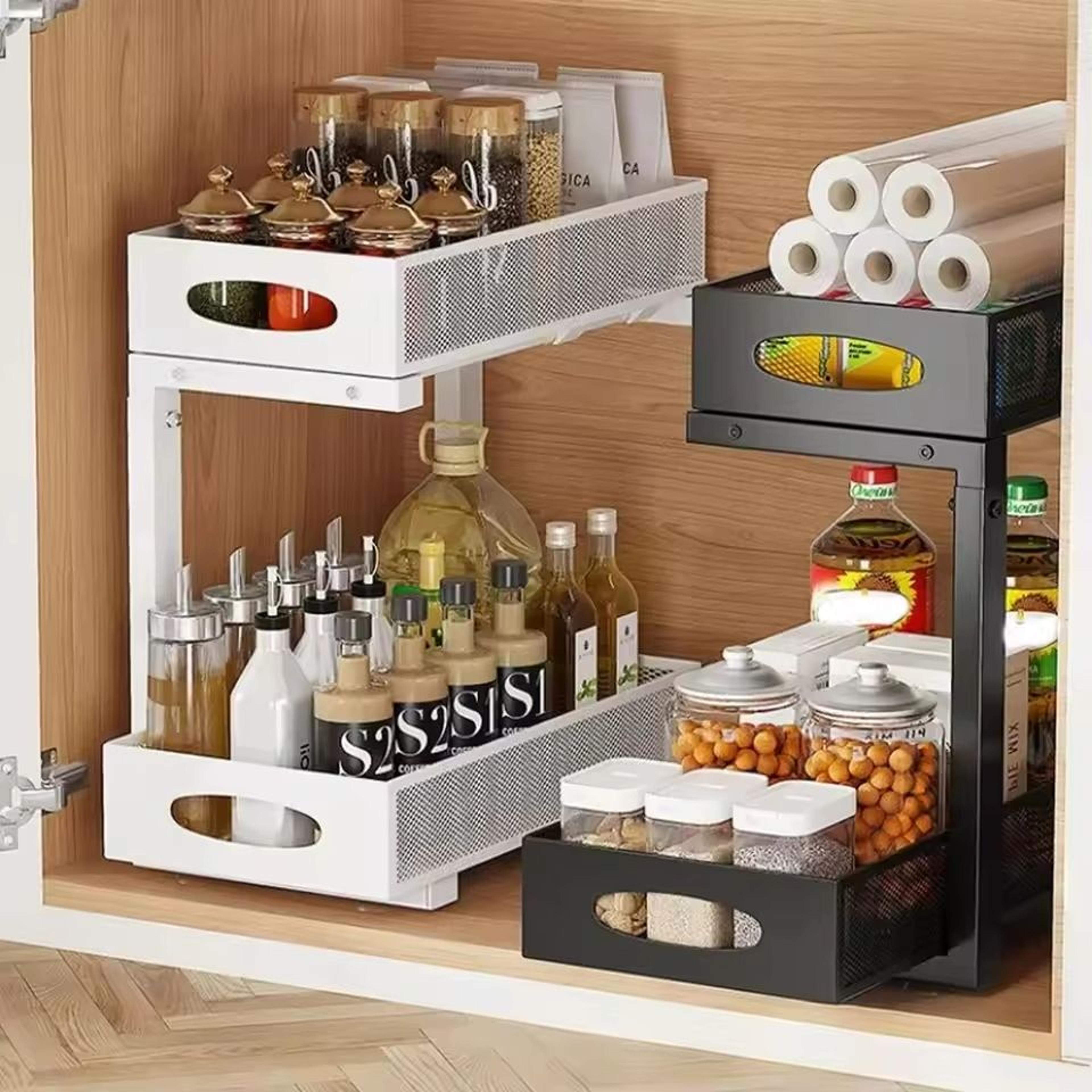 2-tier height-adjustable under-sink organizer with slide-out storage drawer