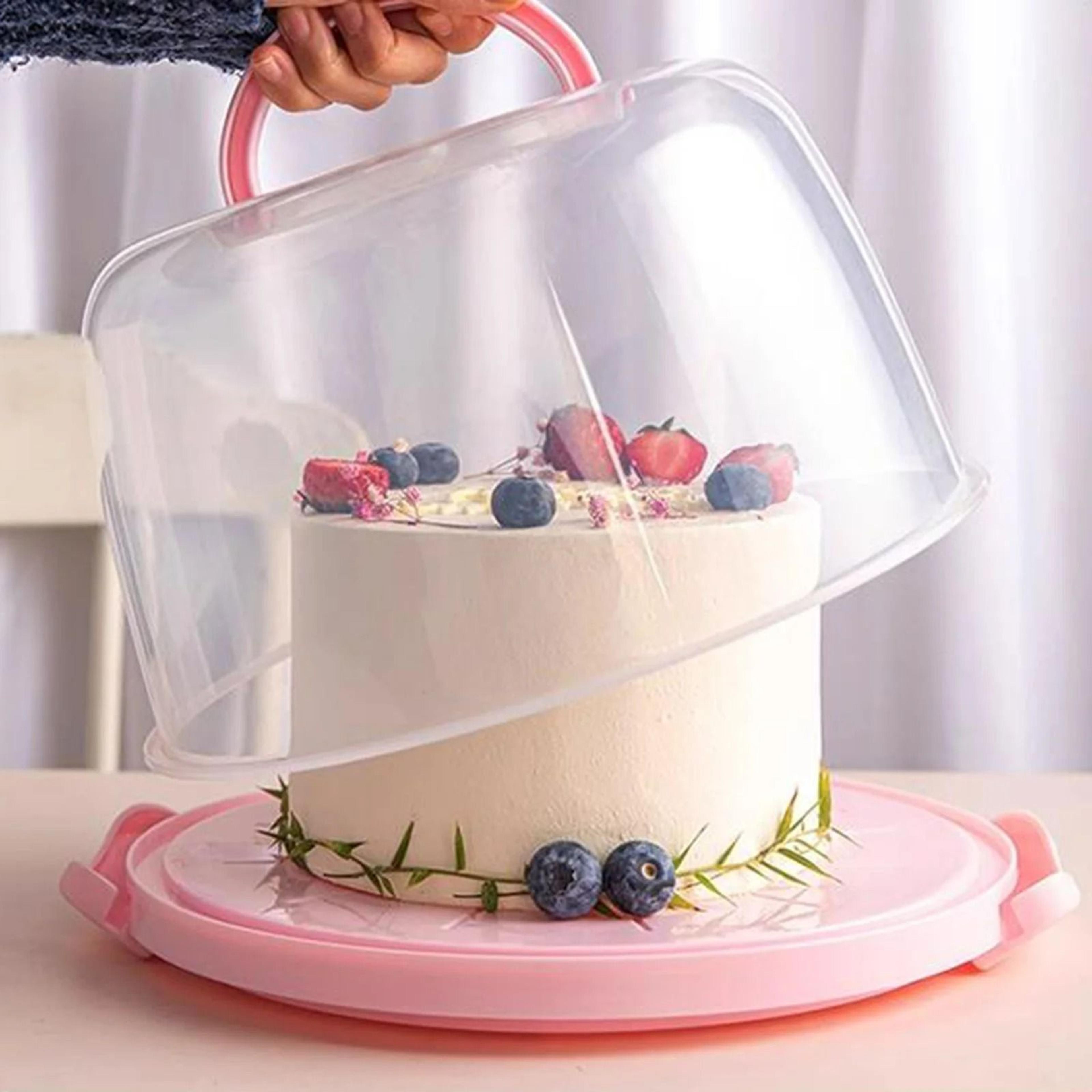 portable plastic cake box and pastry carrier with foldable handle