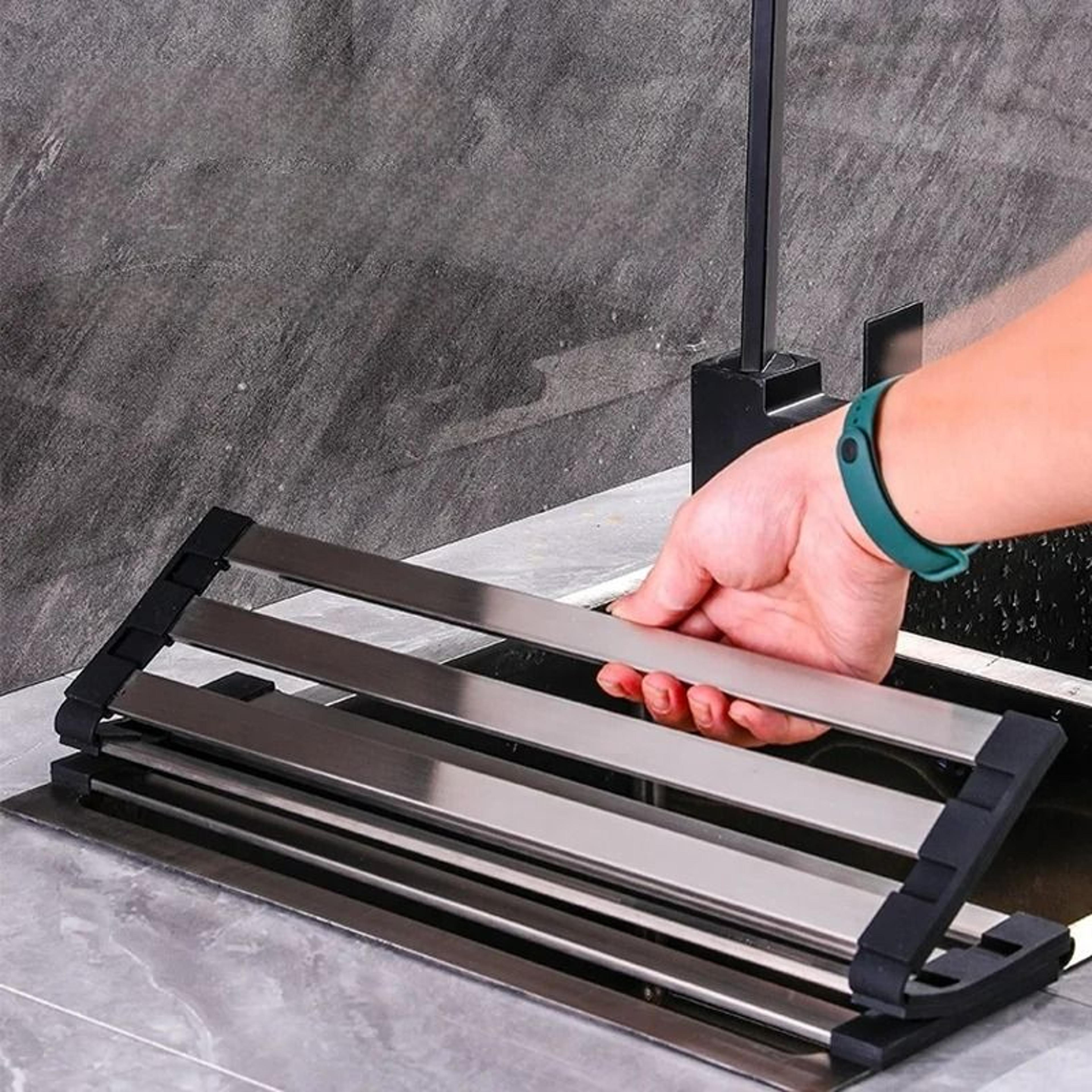 roll-up stainless steel dish drainer rack & foldable over-the-sink washing shelf